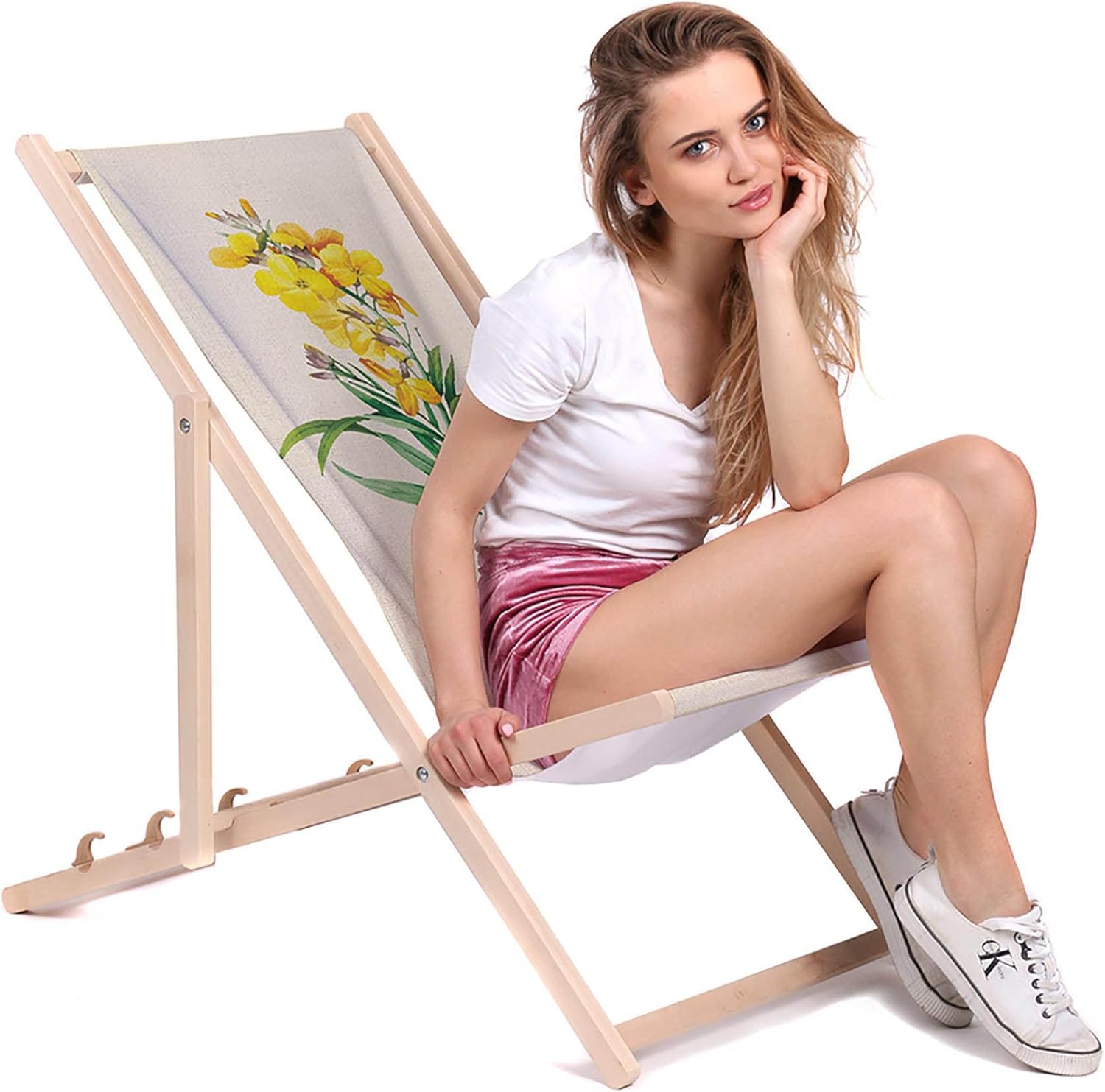 Holzliegestuhl Vintage Gelbe Blumen