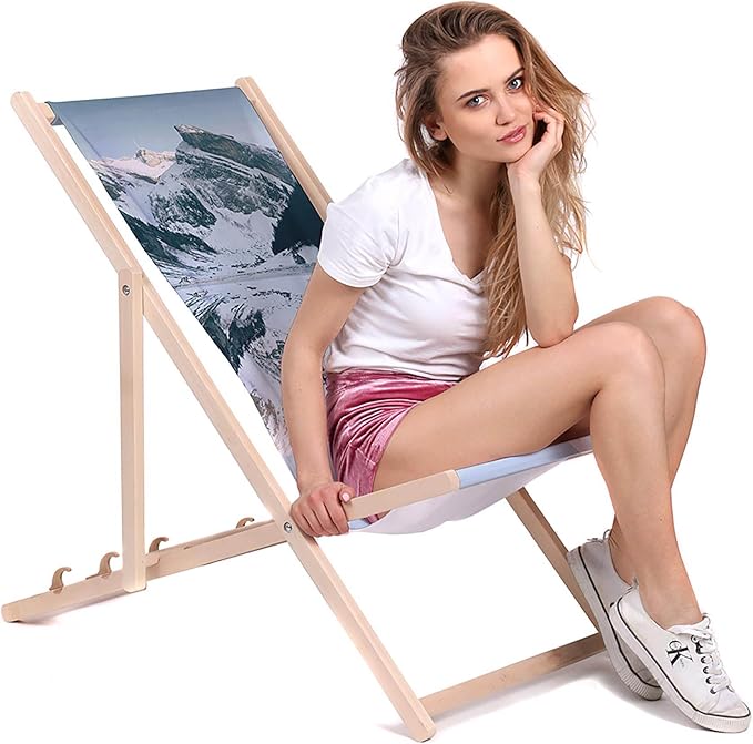 Vintage Wooden Deck Chair Snow-Capped Peaks