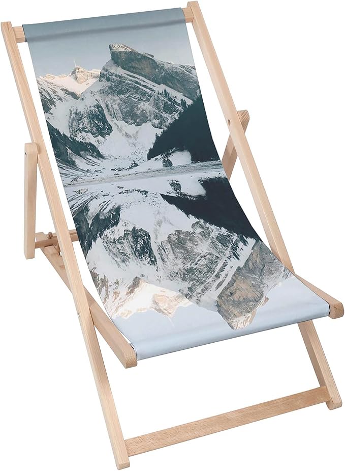 Vintage Wooden Deck Chair Snow-Capped Peaks