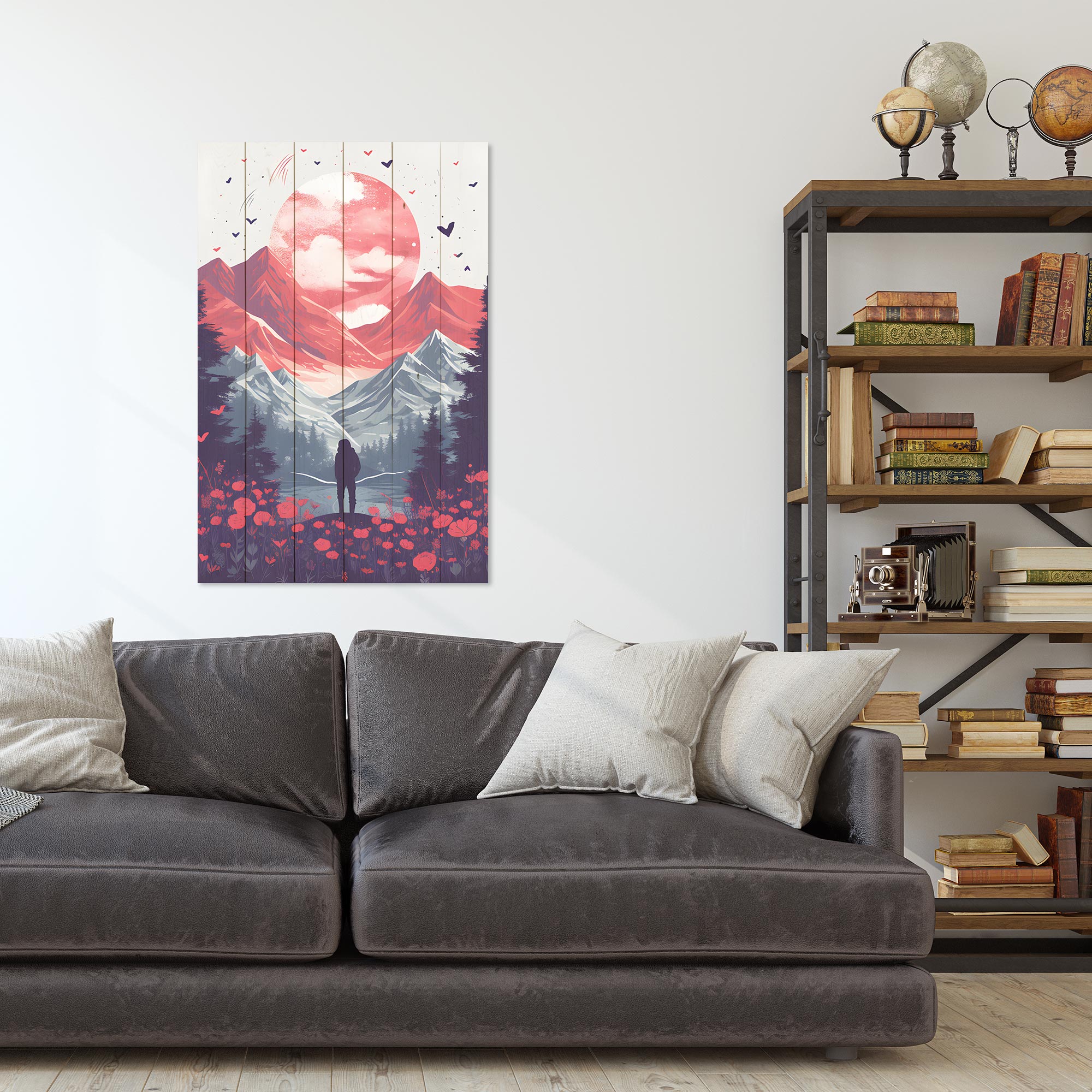 Wood Picture Pink Moon over Mountains-40x60 cm