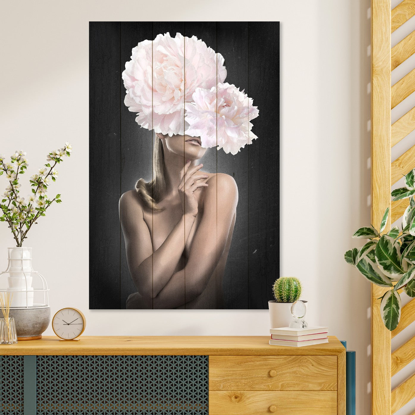 Obraz Wood Žena s ružovými pivonkami-70x90 cm