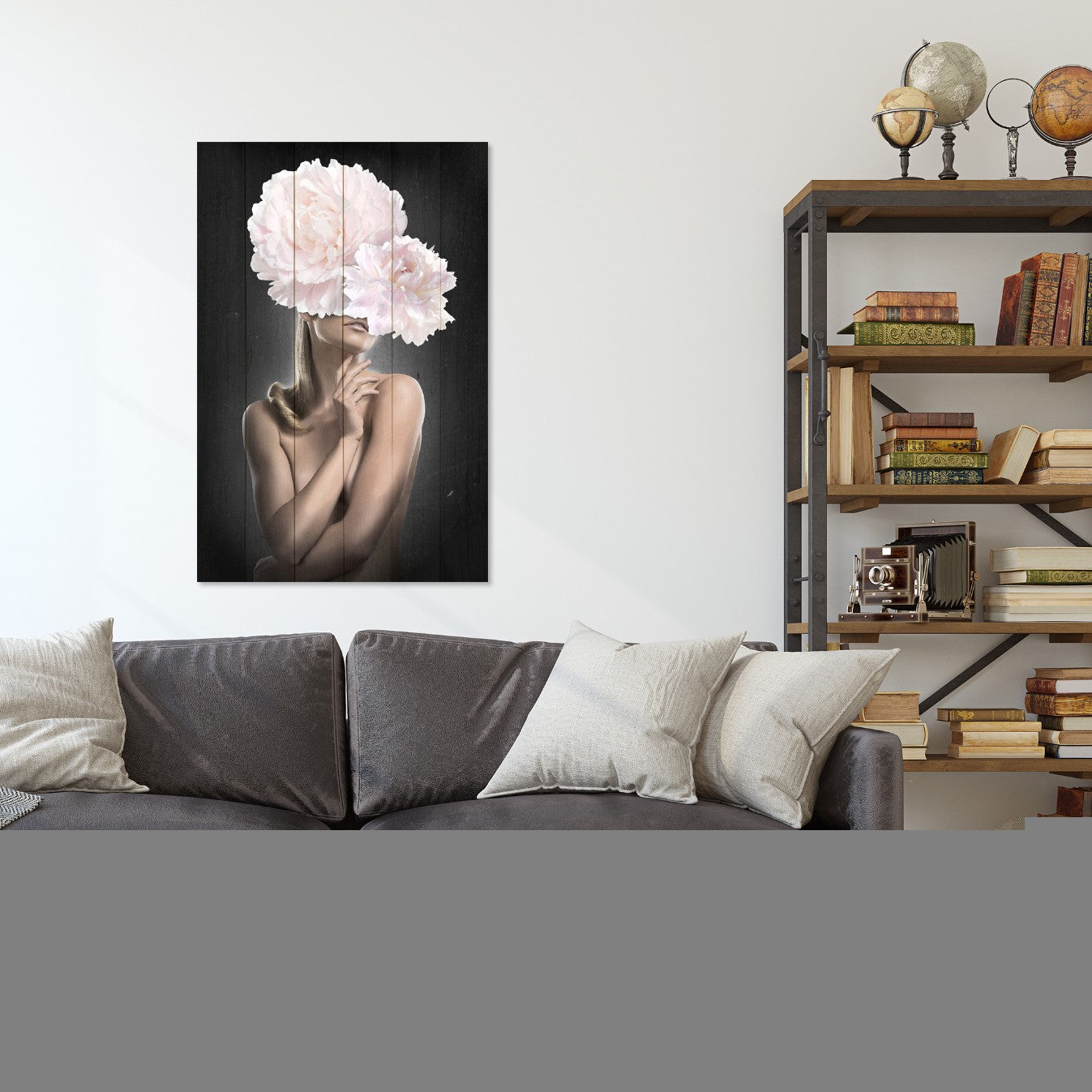 Obraz Wood Žena s ružovými pivonkami-50x70 cm