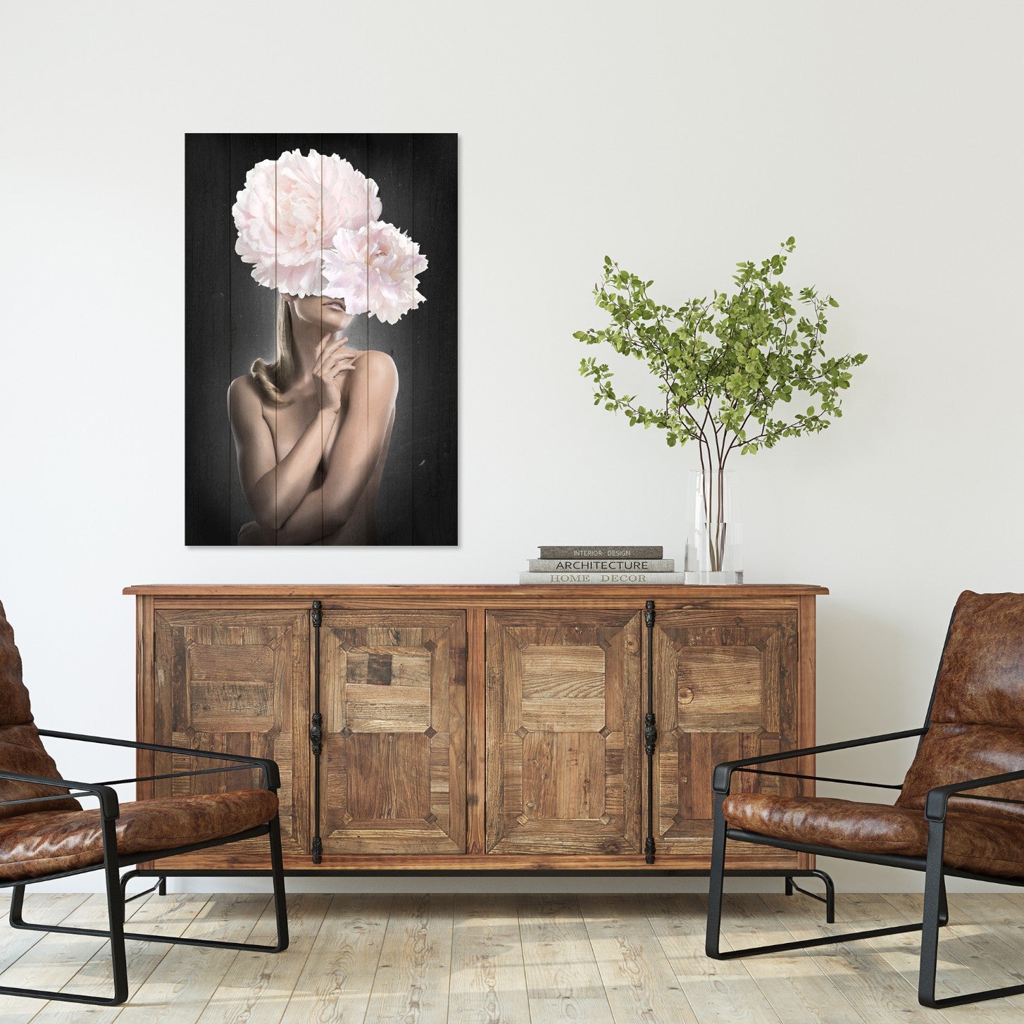Obraz Wood Žena s ružovými pivonkami-70x90 cm