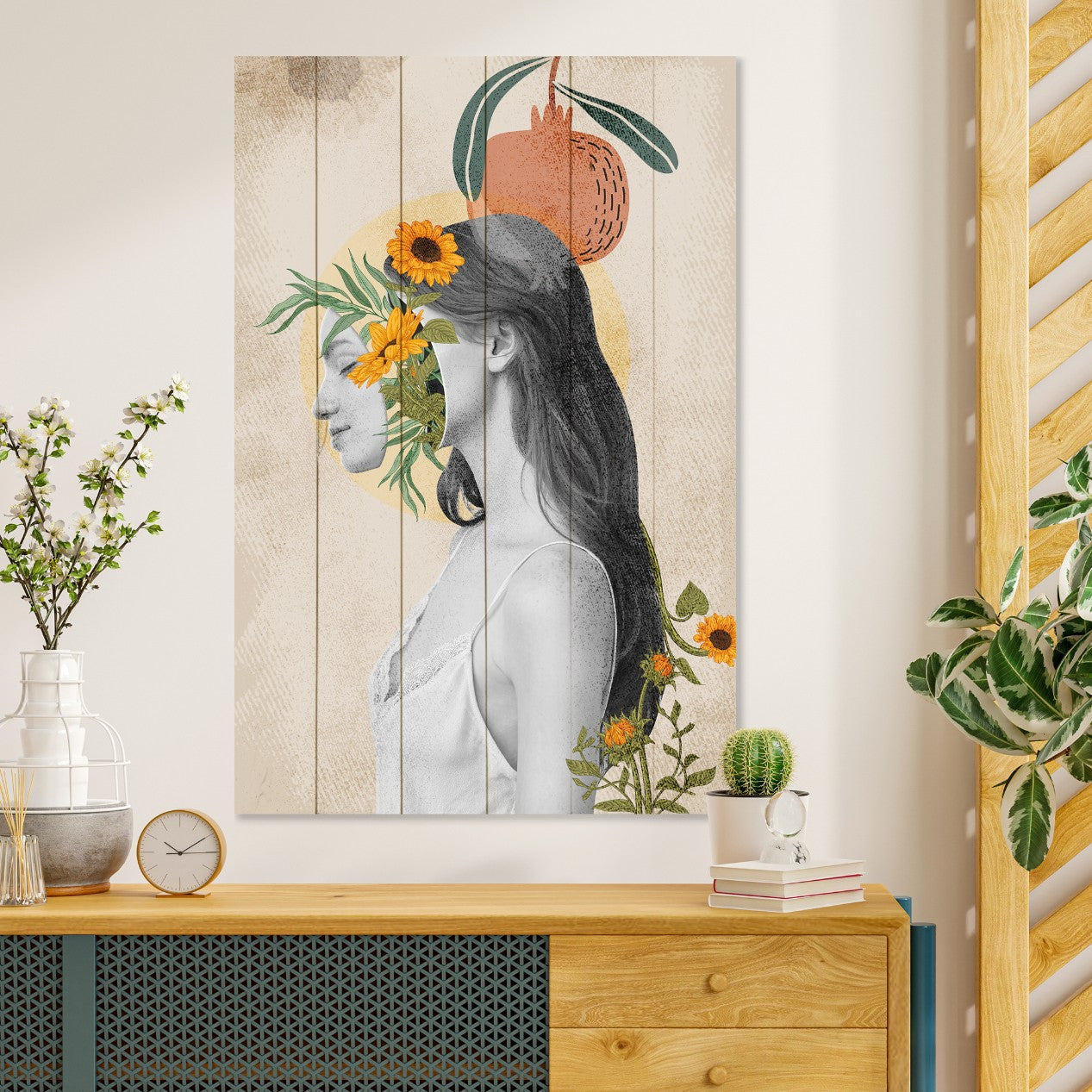 Bild Wood Frau mit Kopf in Blumen-50x70 cm