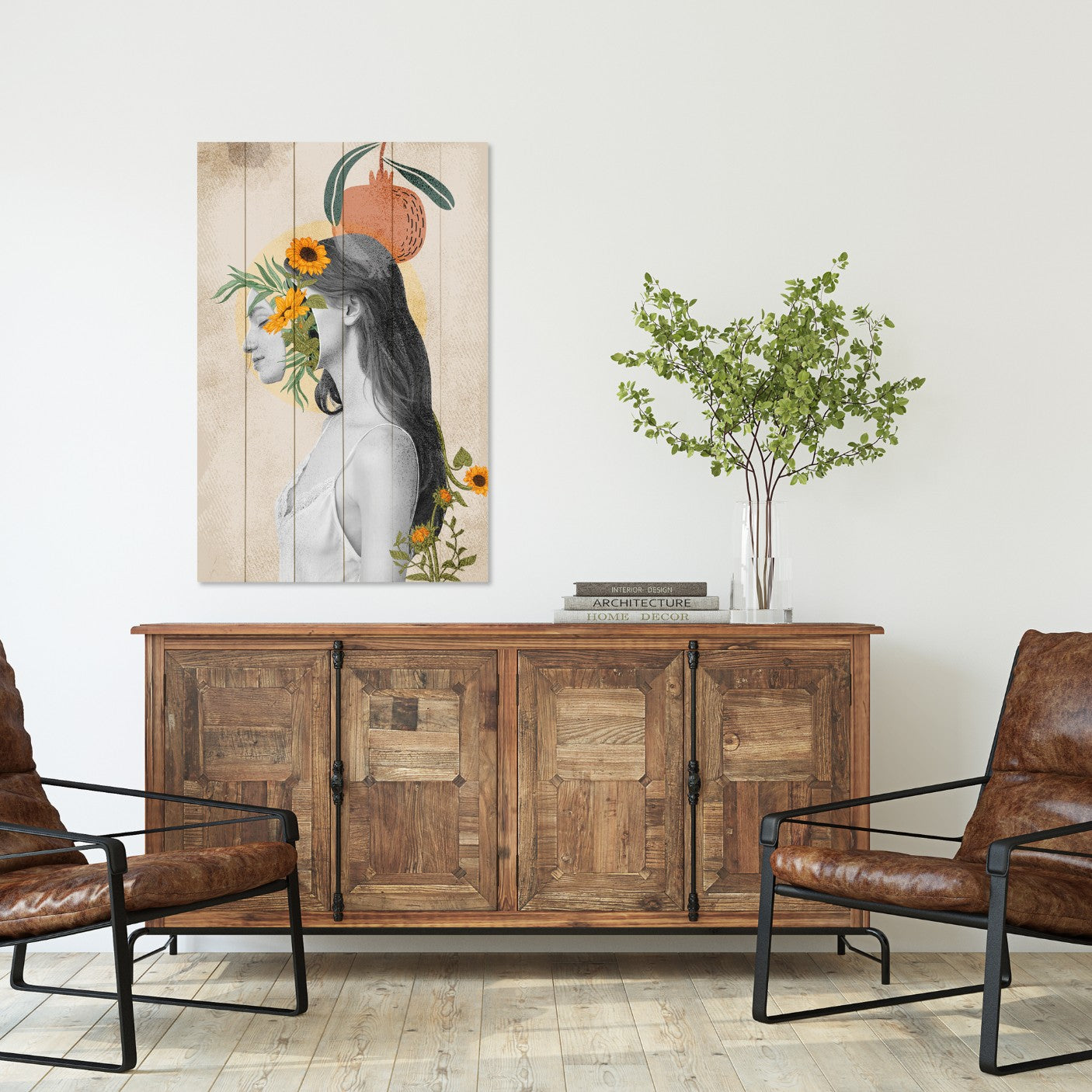 Bild Wood Frau mit Kopf in Blumen-50x70 cm