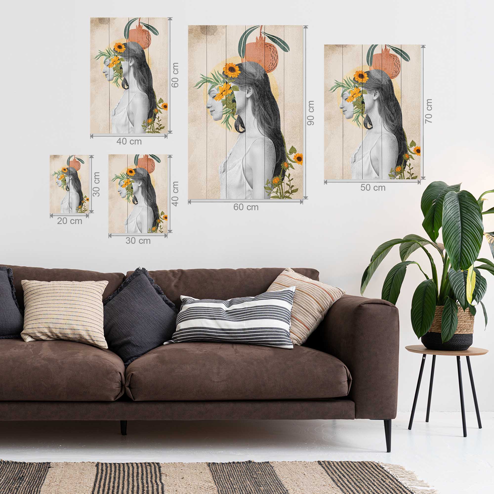 Bild Wood Frau mit Kopf in Blumen-50x70 cm