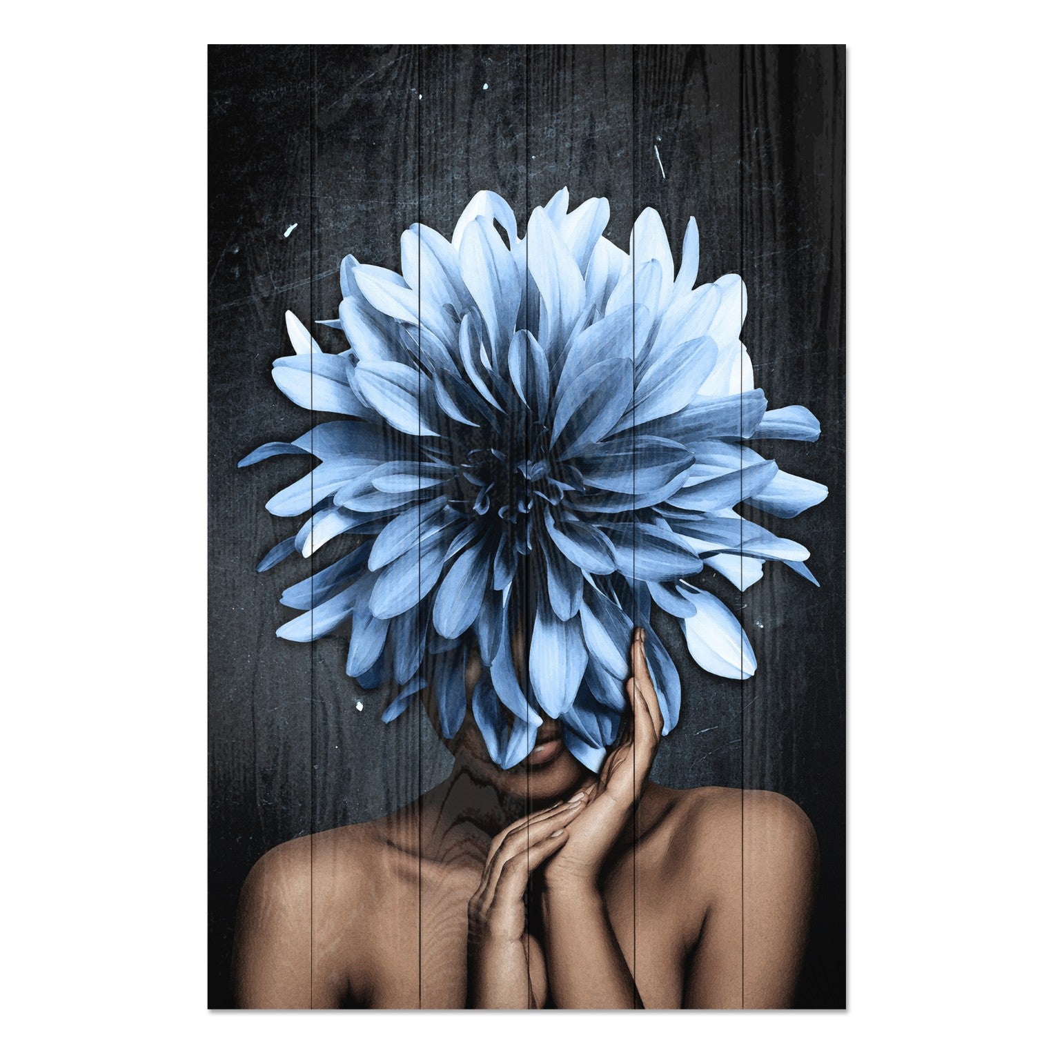 Obraz Wood Žena s veľkými modrými kvetmi-40x60 cm