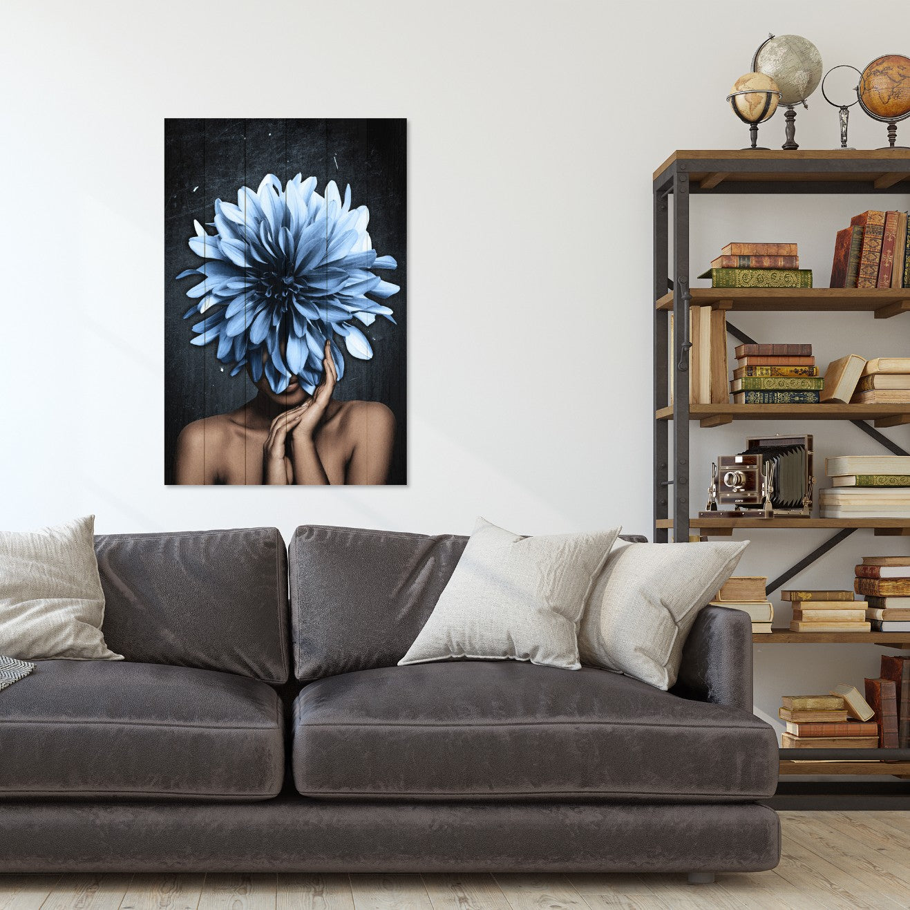 Obraz Wood Žena s veľkými modrými kvetmi-40x60 cm