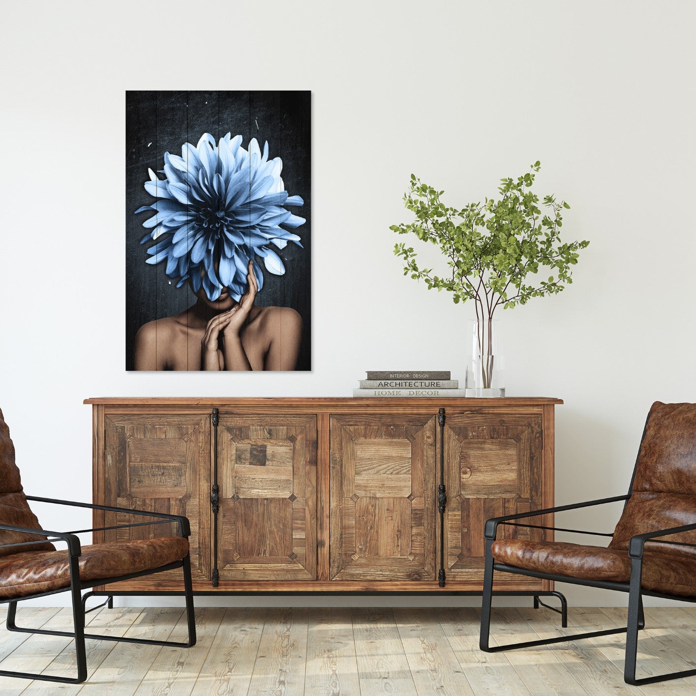 Obraz Wood Žena s veľkými modrými kvetmi-70x90 cm