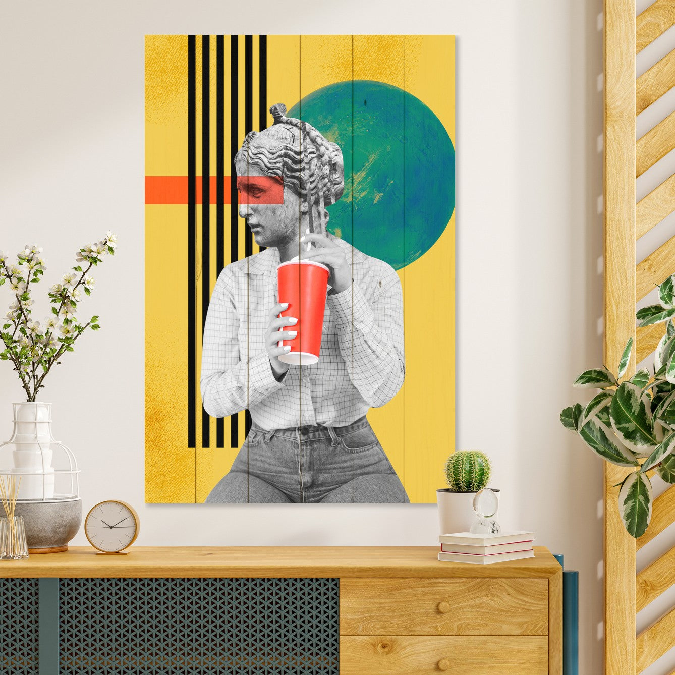 Bild Holz Vintage Frau mit Getränk-50x70 cm
