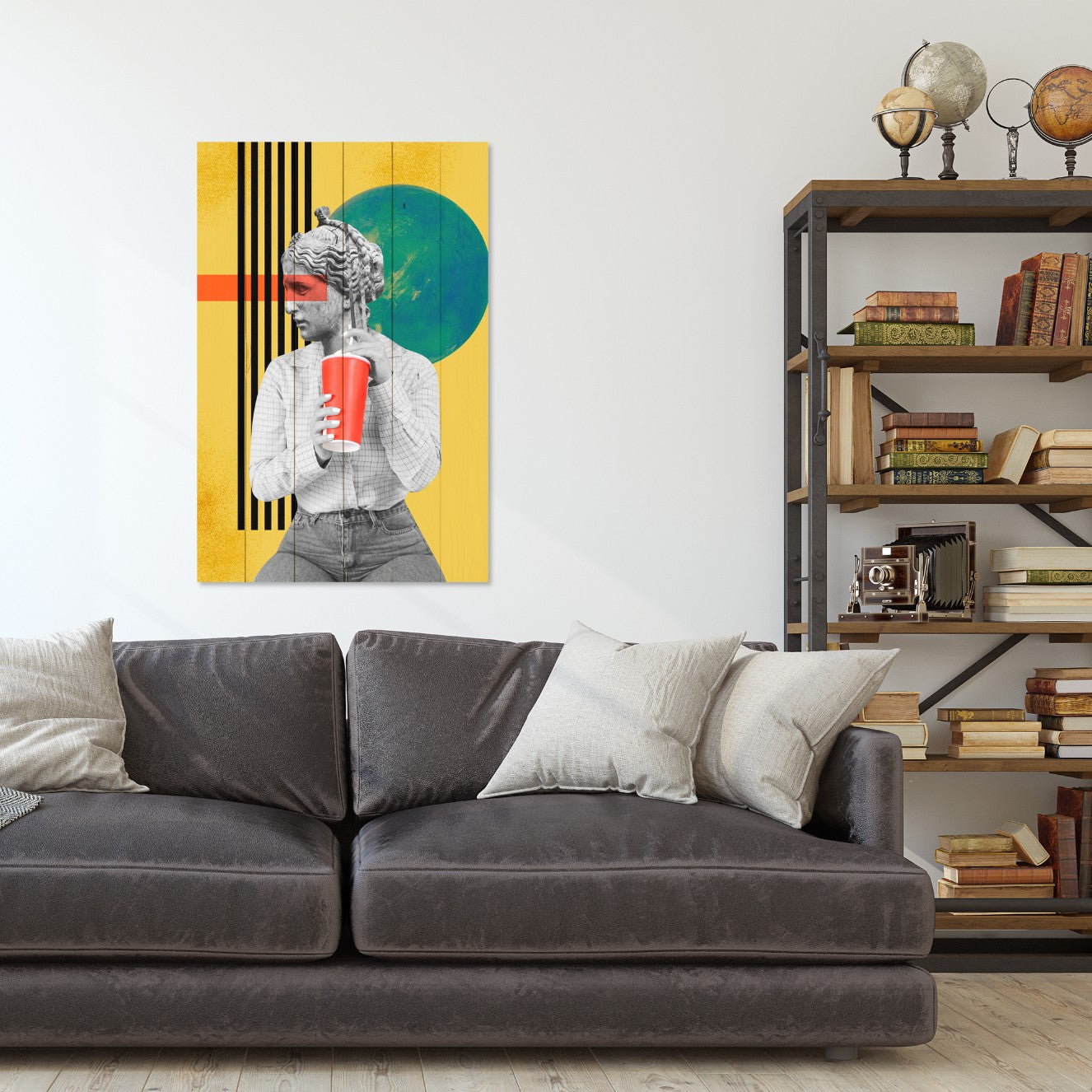 Bild Holz Vintage Frau mit Getränk-50x70 cm