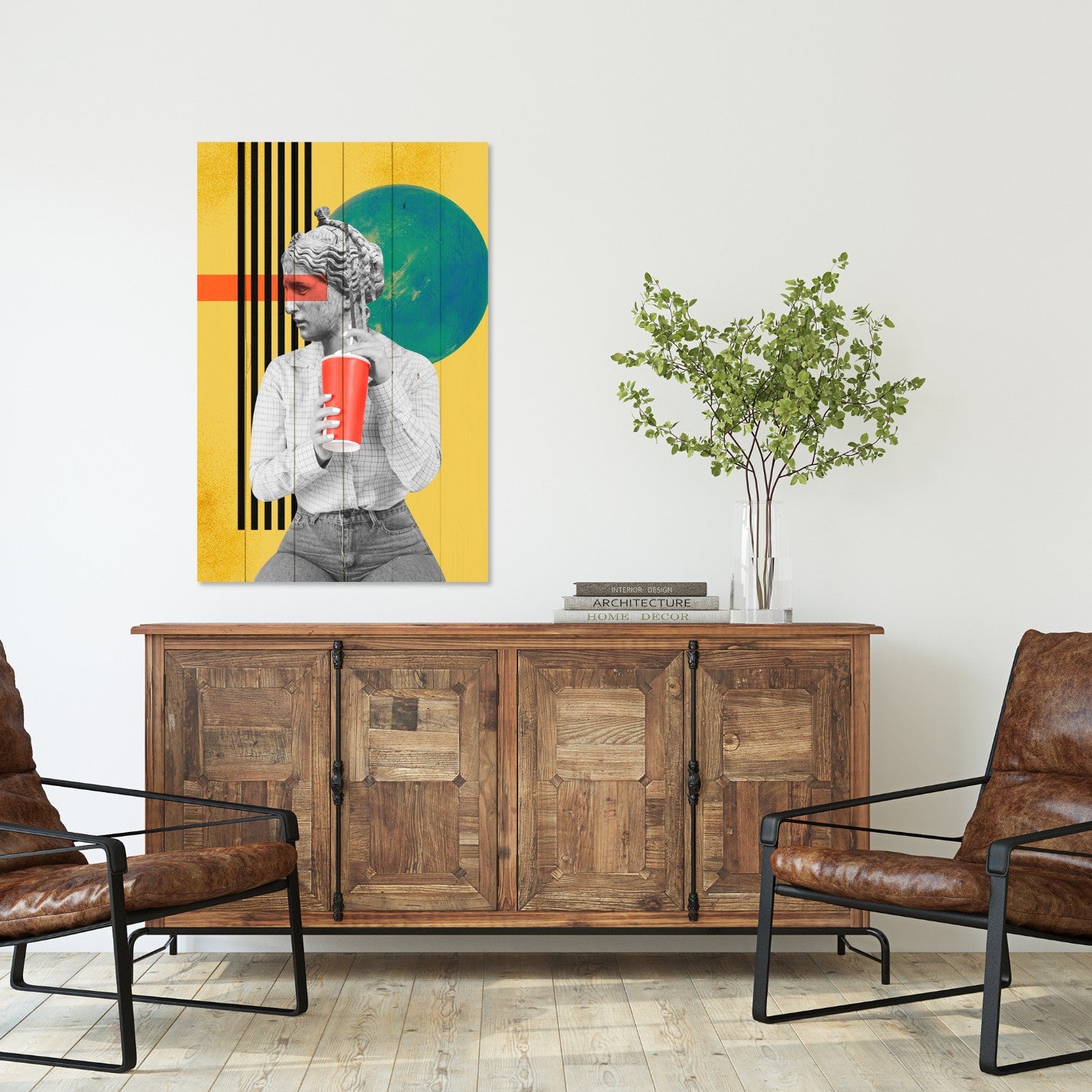 Wood Picture Vintage Woman with Drink