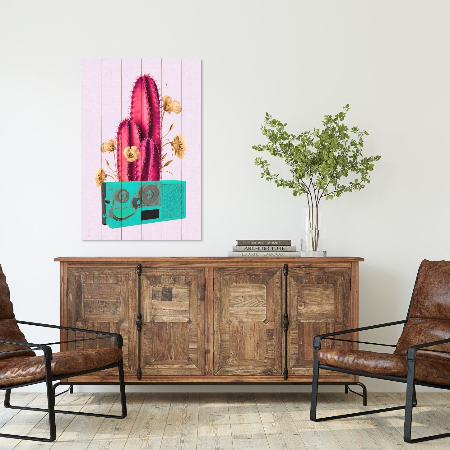 Obraz Wood Retro Ružový kaktus na rádiu-50x70 cm