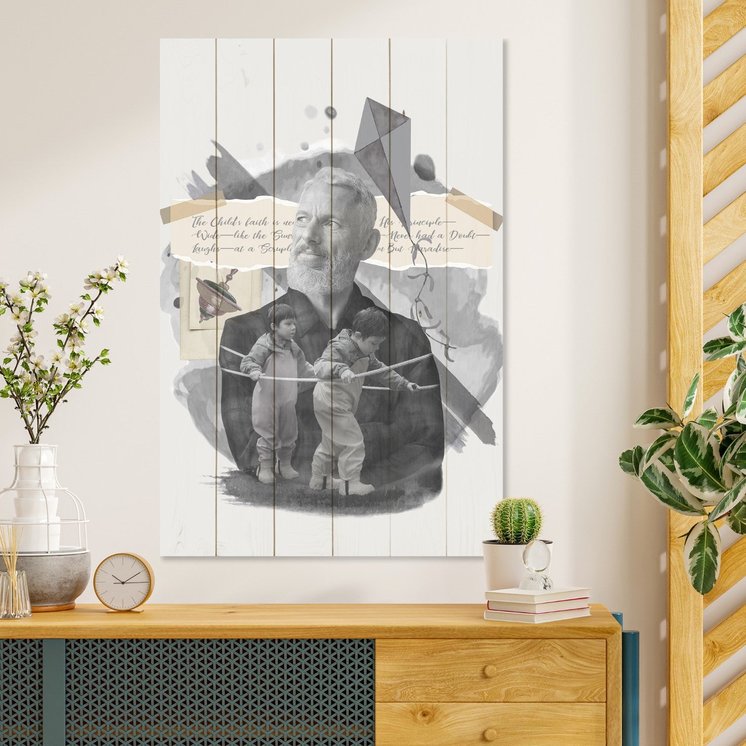 Bild Holz Alter Mann und Kleine Kinder-60x90 cm