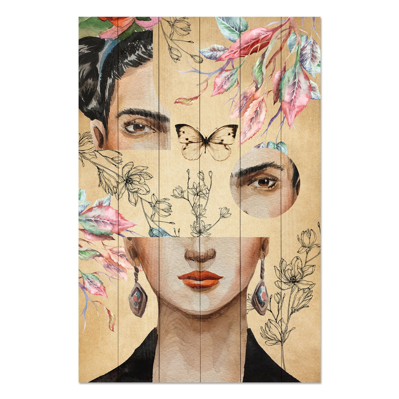 Obraz Wood Koláž Frida a Kvet-40x60 cm