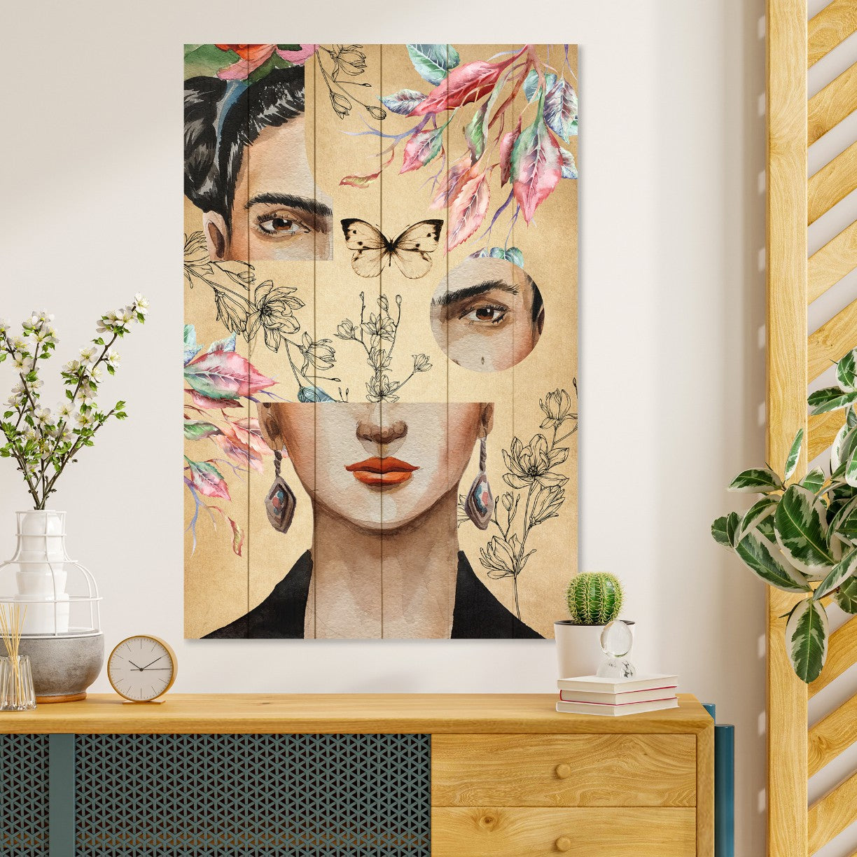 Obraz Wood Koláž Frida a Kvet-20x30 cm