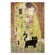 Obraz Wood Klimtov bozk s mačkou - 60x90 cm