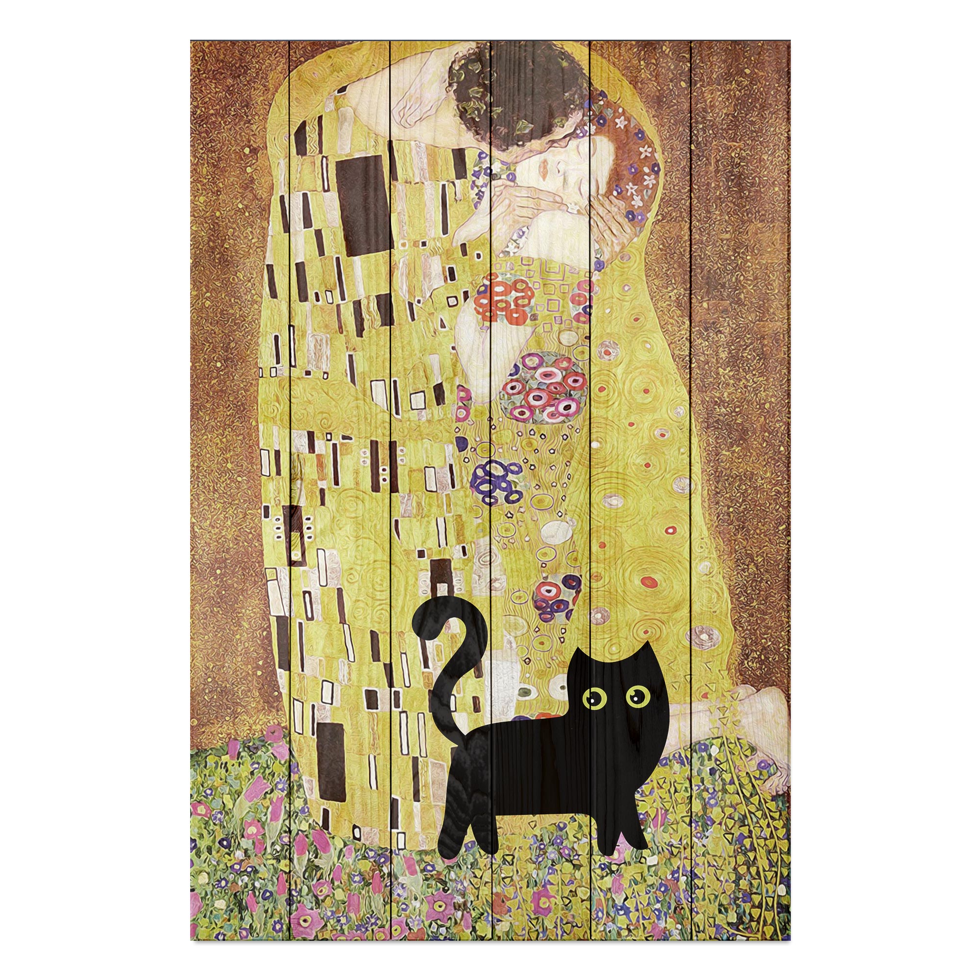 Obraz Wood Klimtov bozk s mačkou - 60x90 cm