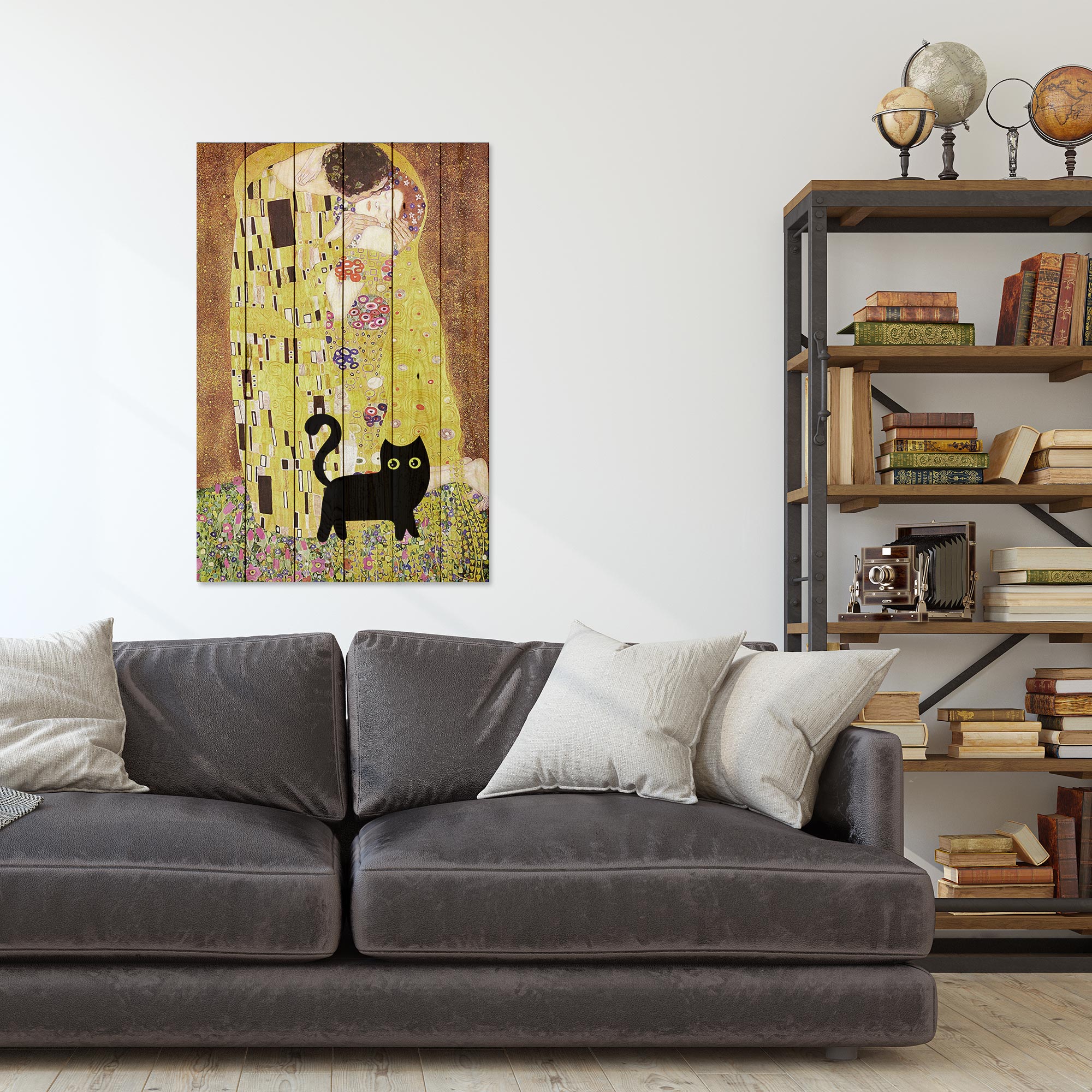 Obraz Wood Klimtov bozk s mačkou - 30x40 cm