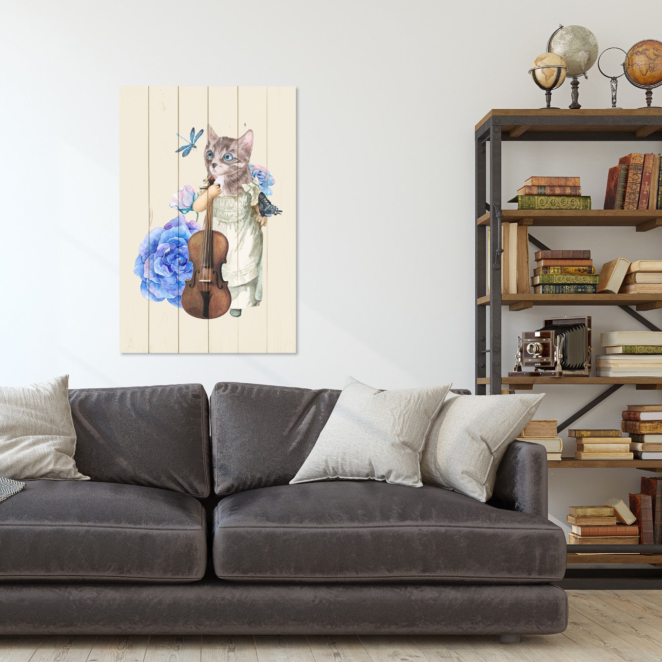 Obraz Wood Mačka s husľami v kvetoch-20x30 cm