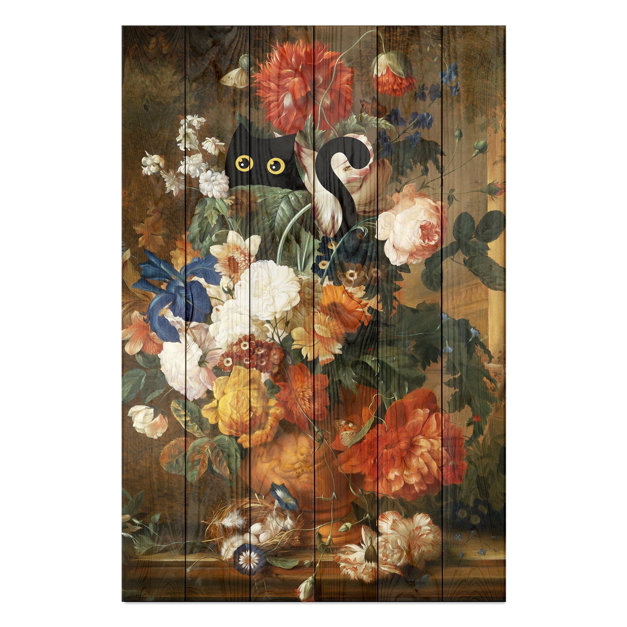 Obraz Wood Kvetinové zátišie s mačkou-50x70 cm