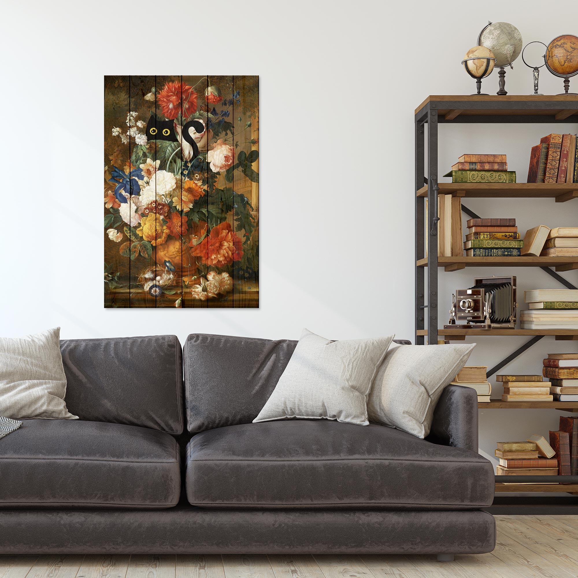 Obraz Wood Kvetinové zátišie s mačkou-50x70 cm