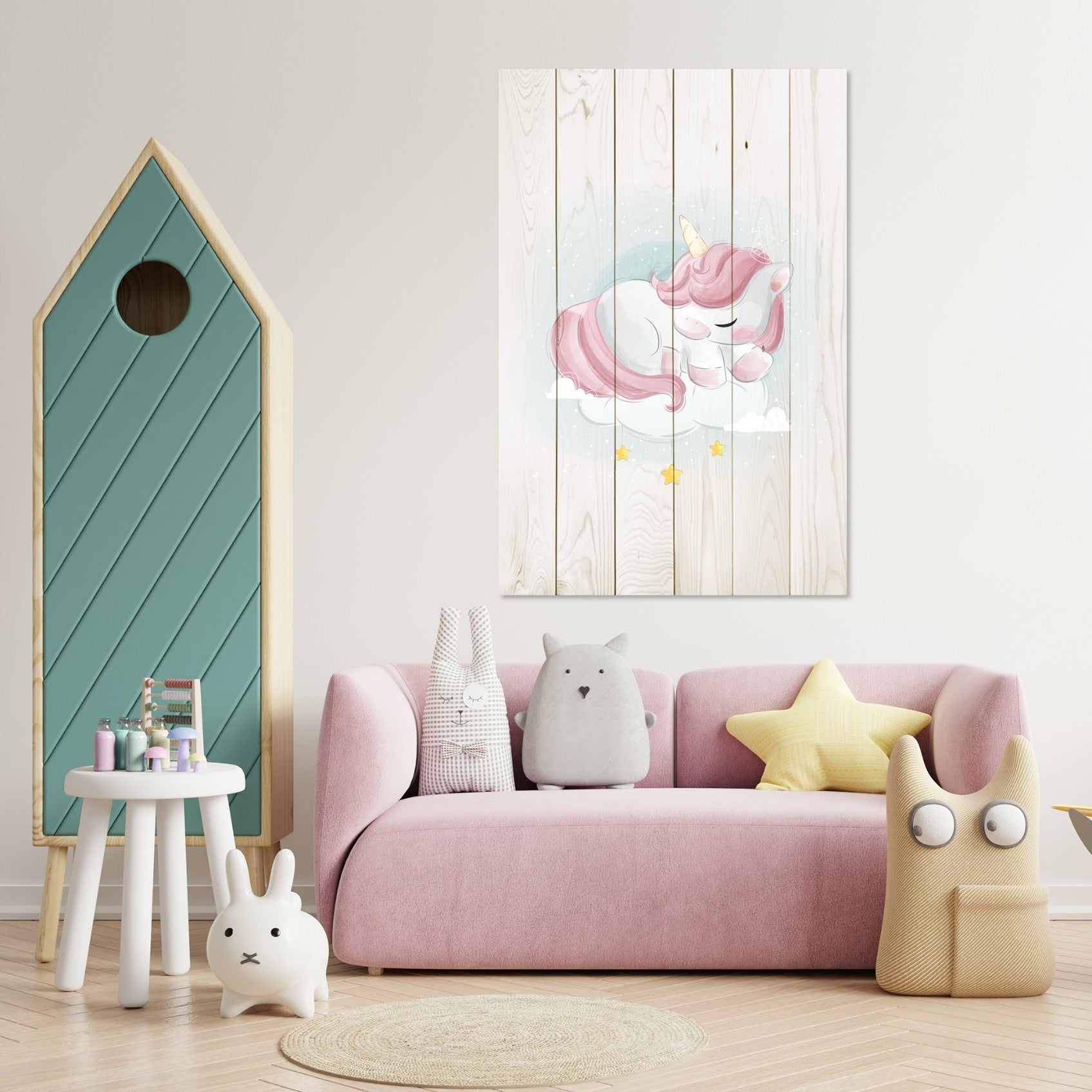Obraz Wood Sladký jednorožec spiaci na oblaku-50x70 cm