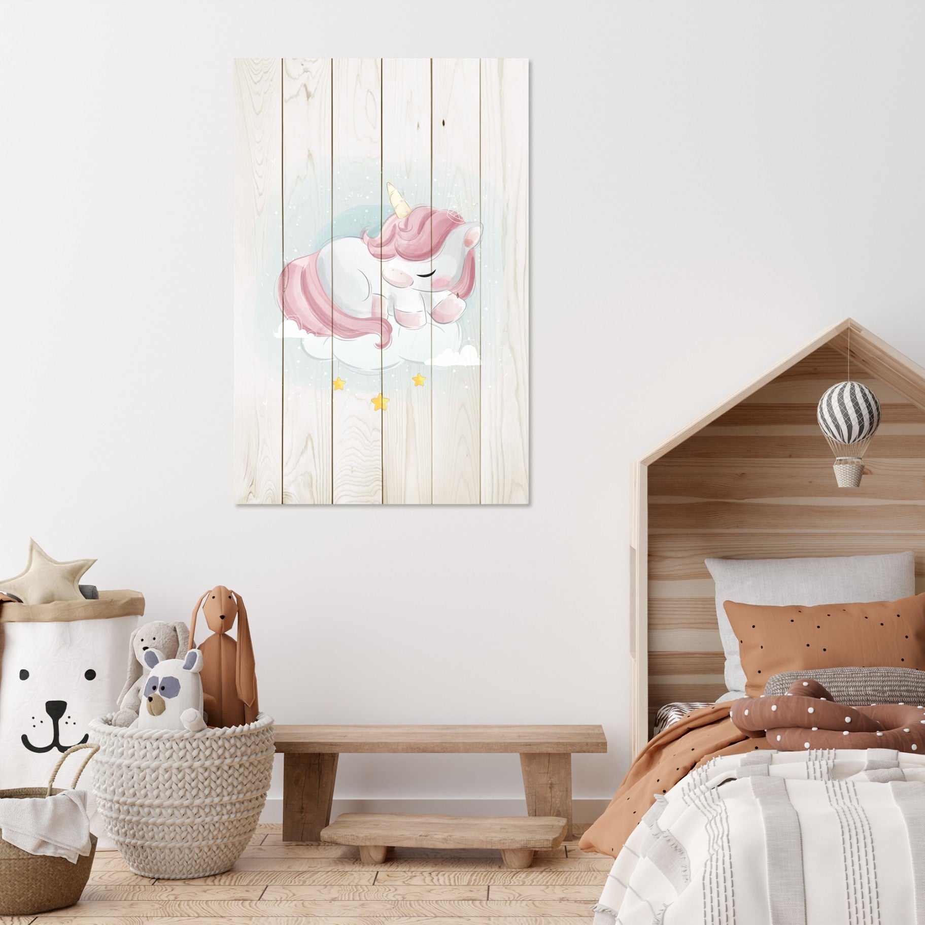 Obraz Wood Sladký jednorožec spiaci na oblaku-40x60 cm