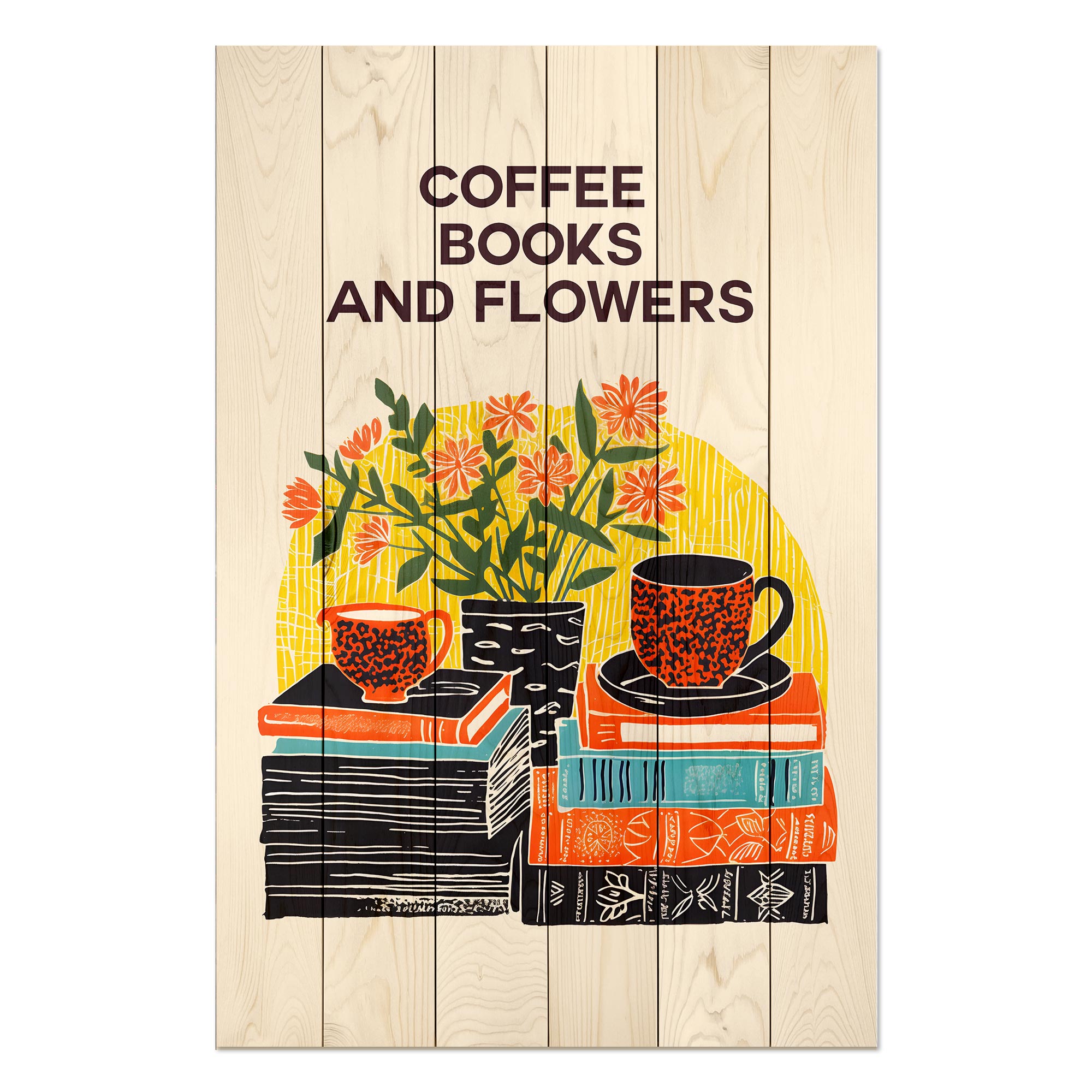 Bild Wood Kaffee Bücher Blumen-30x30 cm