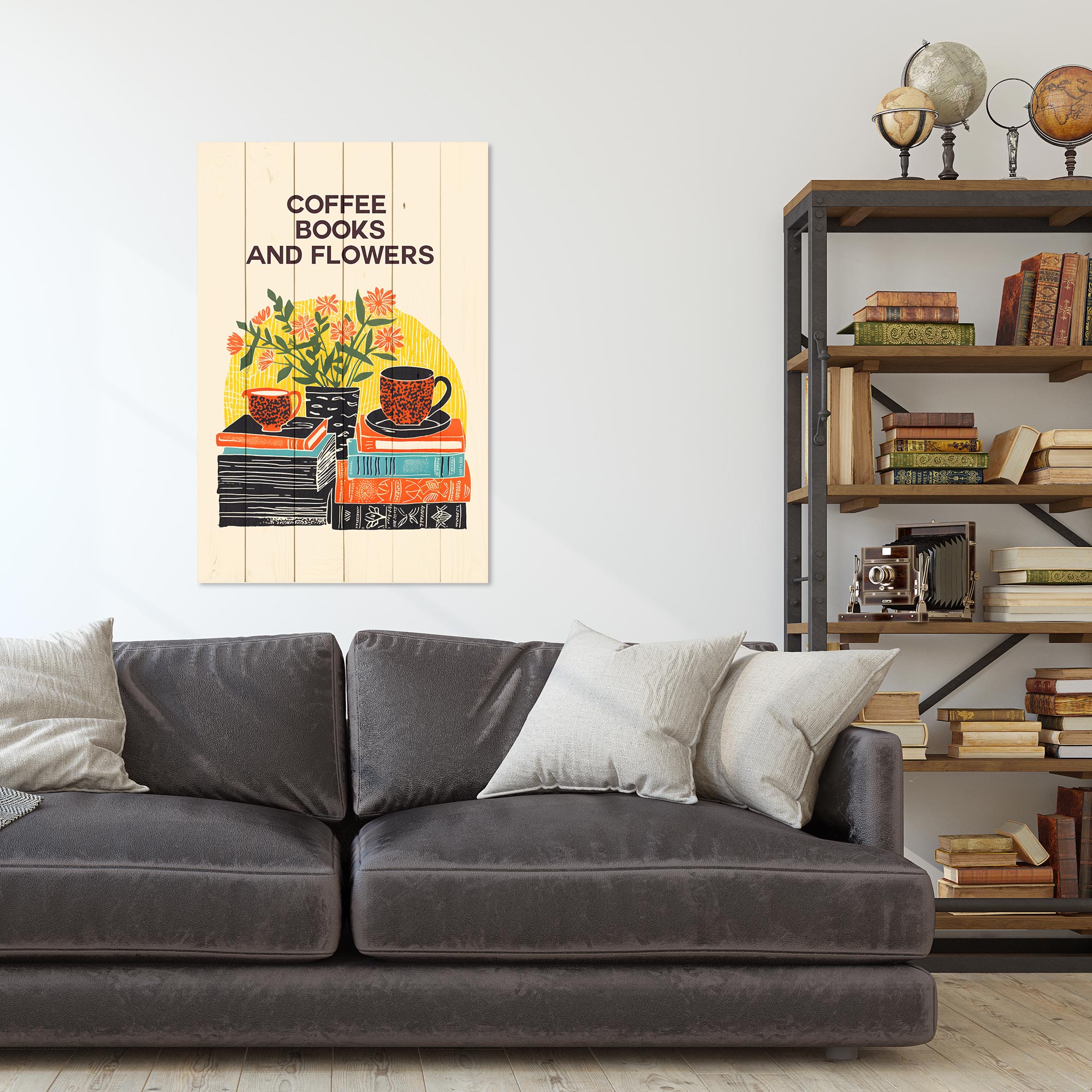 Bild Wood Kaffee Bücher Blumen-30x30 cm