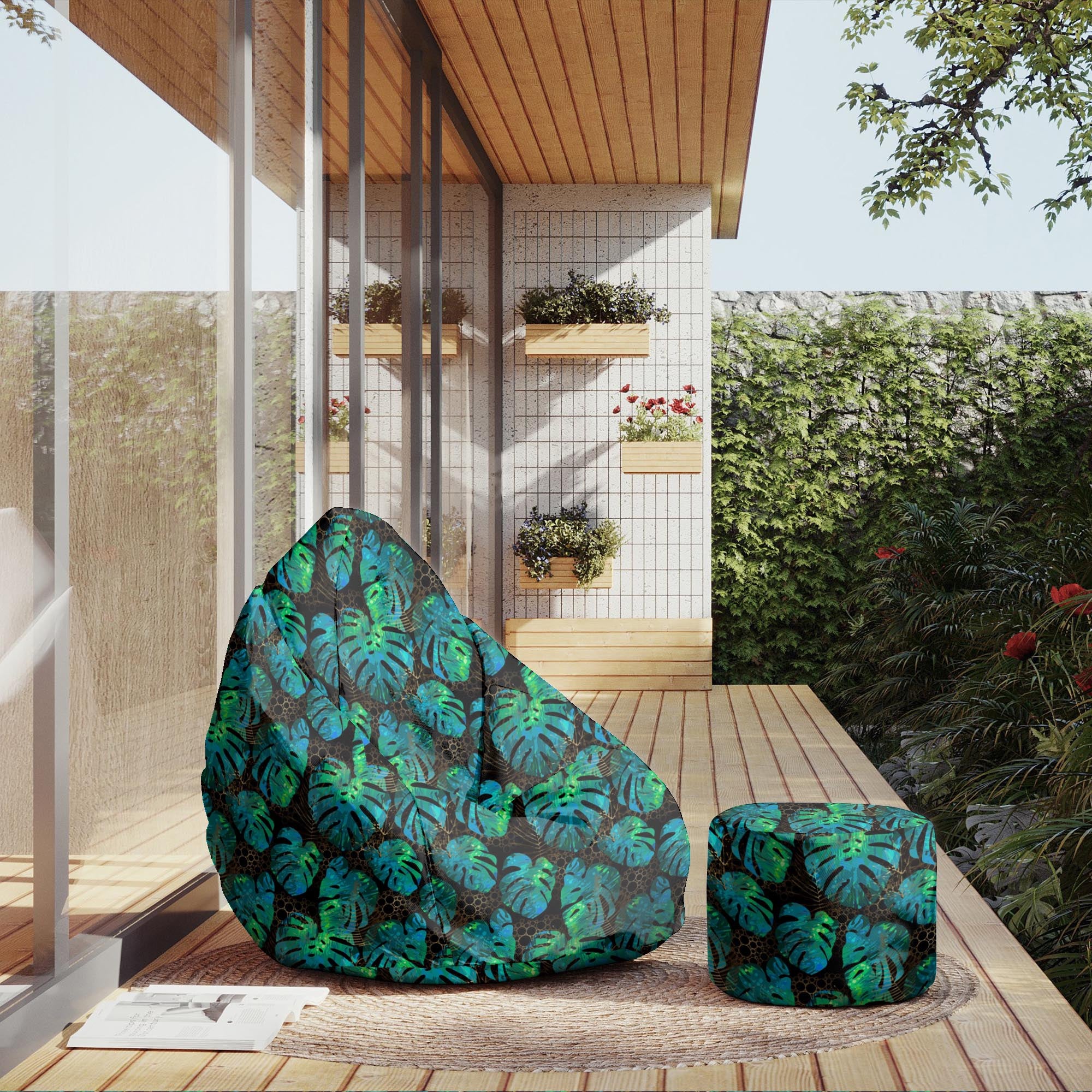 Okrúhly puf podnožka Morská Zelená Monstera-Oxford
