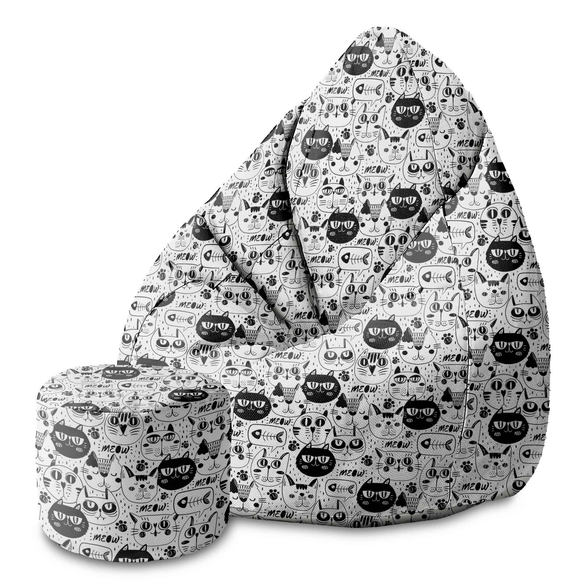 Round Pouf Footrest Black and White Cats-Velvet