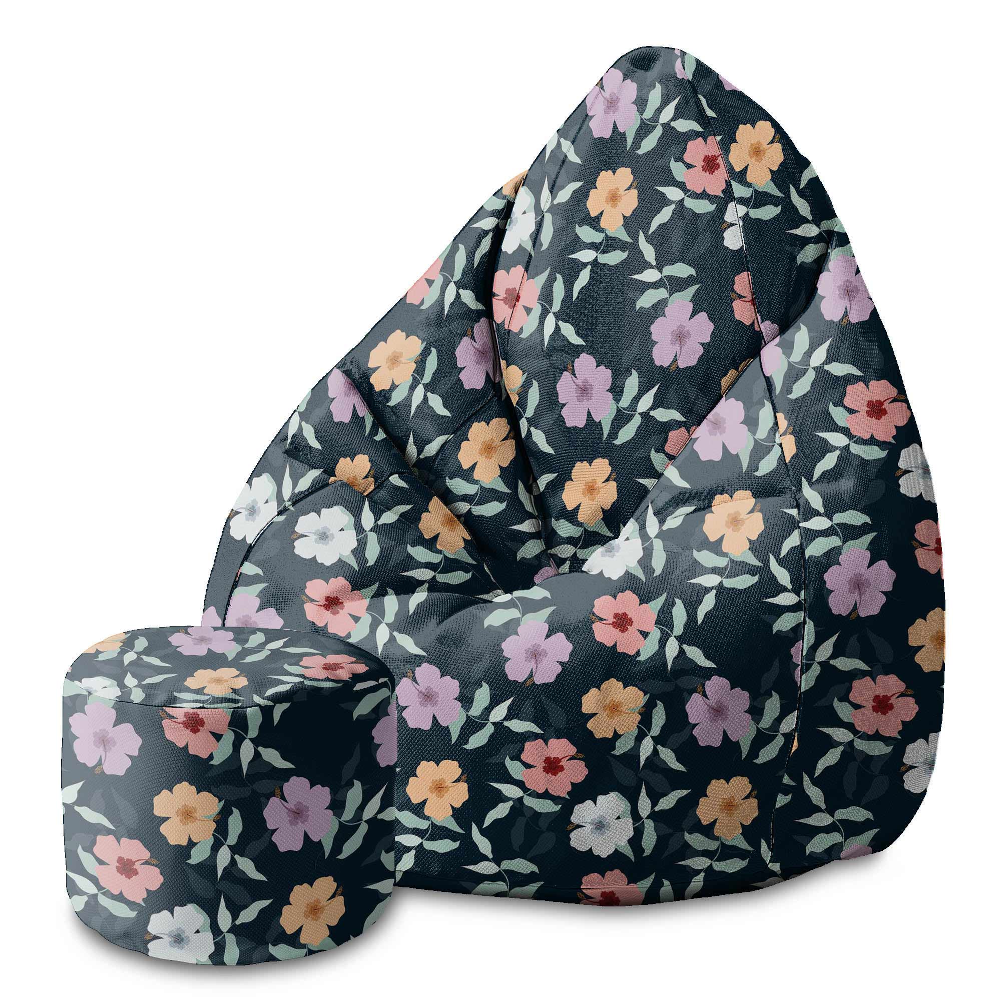 Okrúhly puf na nohy Simple Flowers on Navy-Velvet