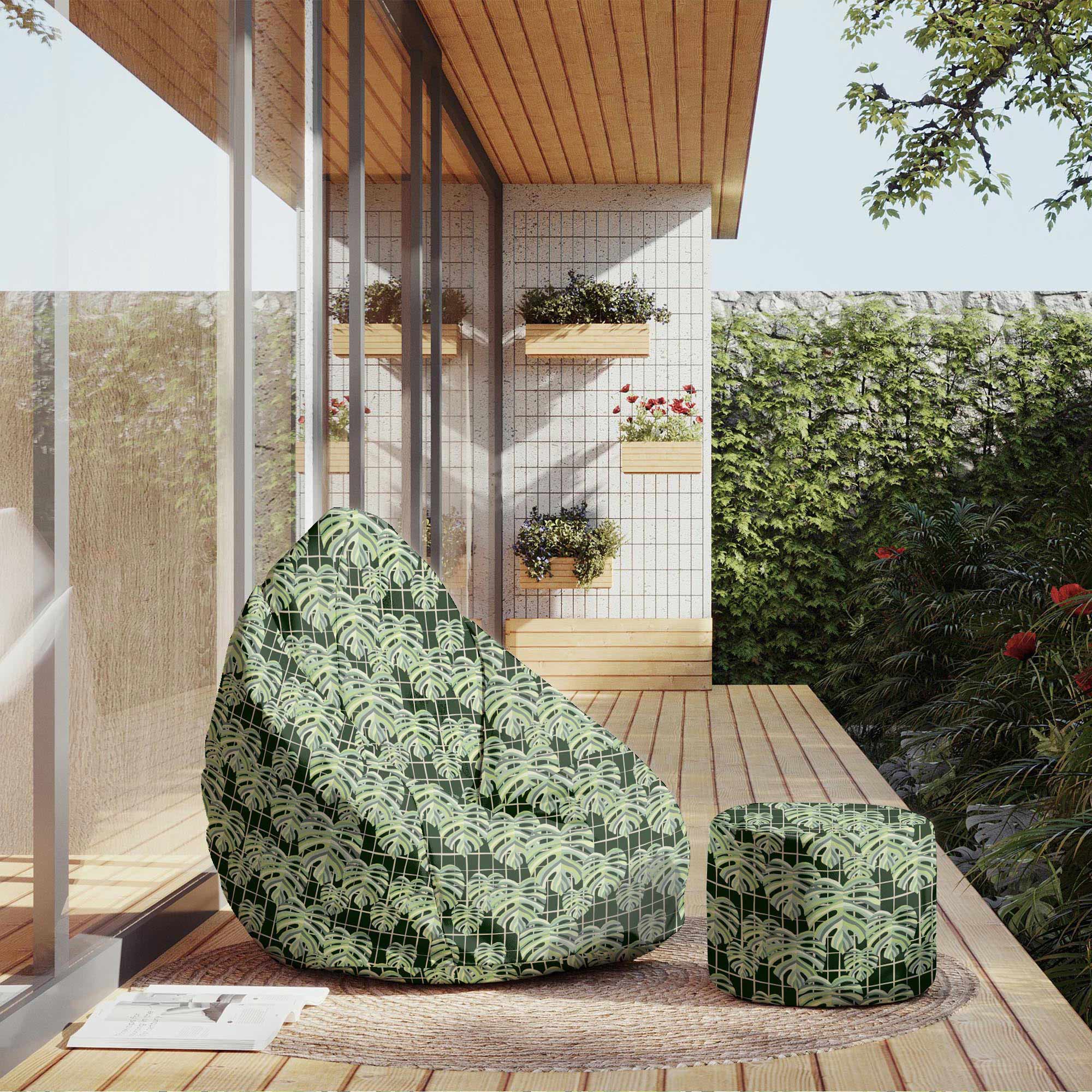 Round Pouf Footstool Monstera Leaves Grid