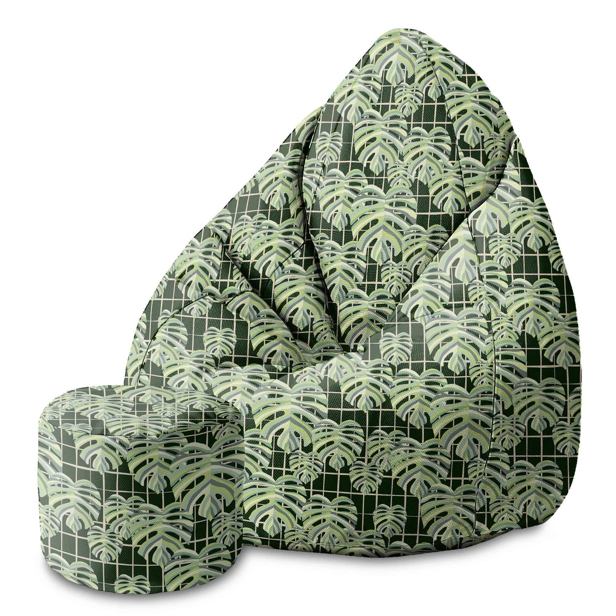 Round Pouf Footstool Monstera Leaves Grid