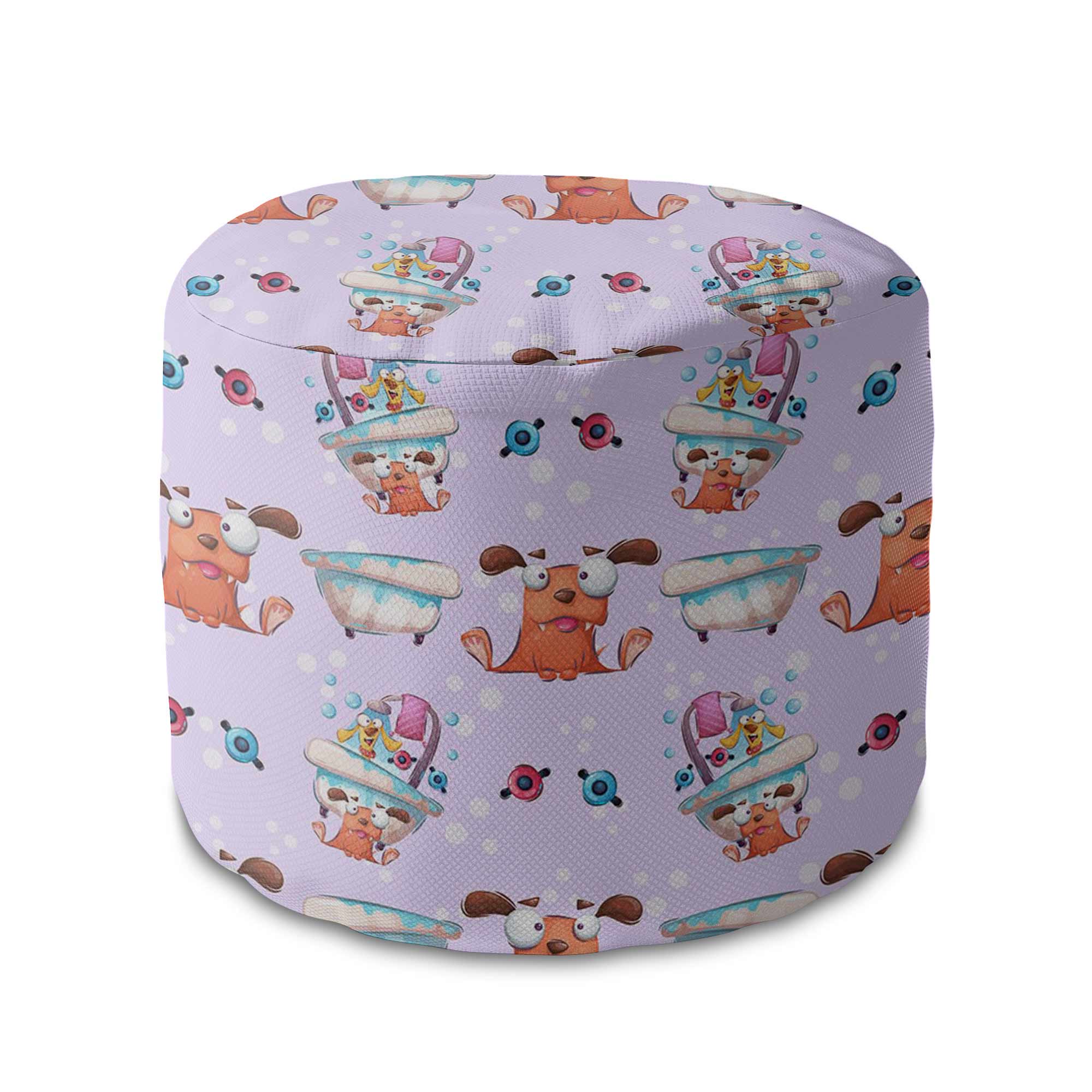 Round Pouf Footstool Funny Dog in the Bath-Velvet