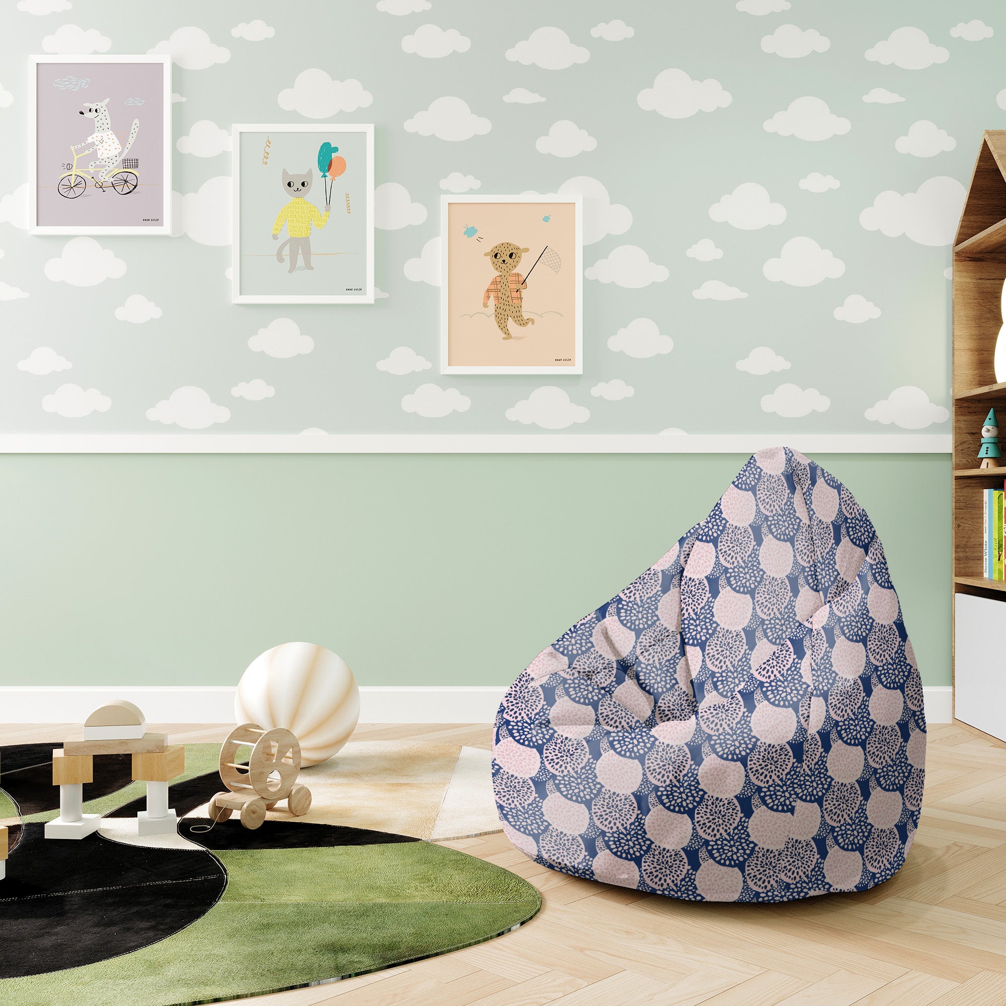 Puf Pearshape růžový a modrý geometrický ornament-S-velvet