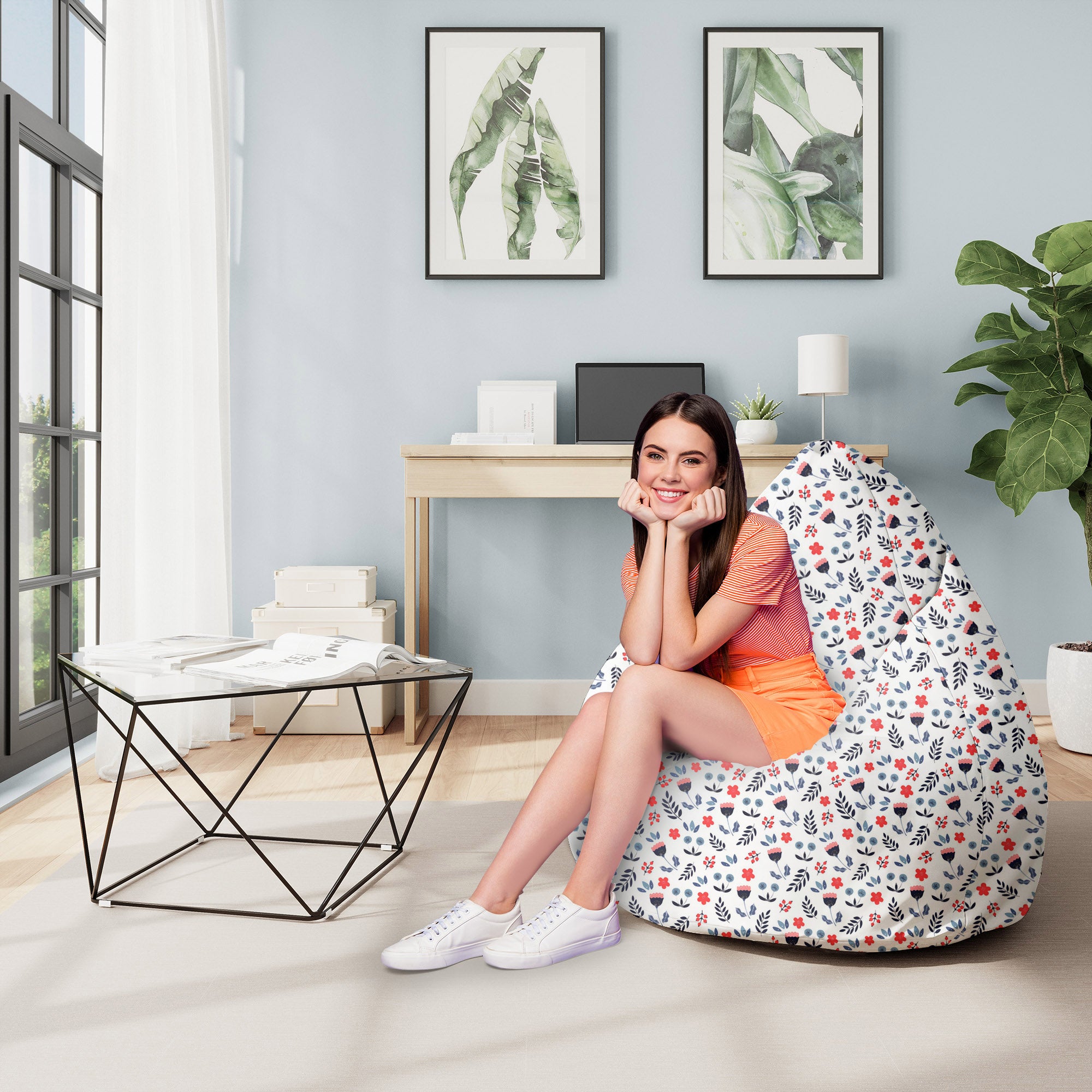 Sedací vak Pearshape Scandi kvety-M-Velvet