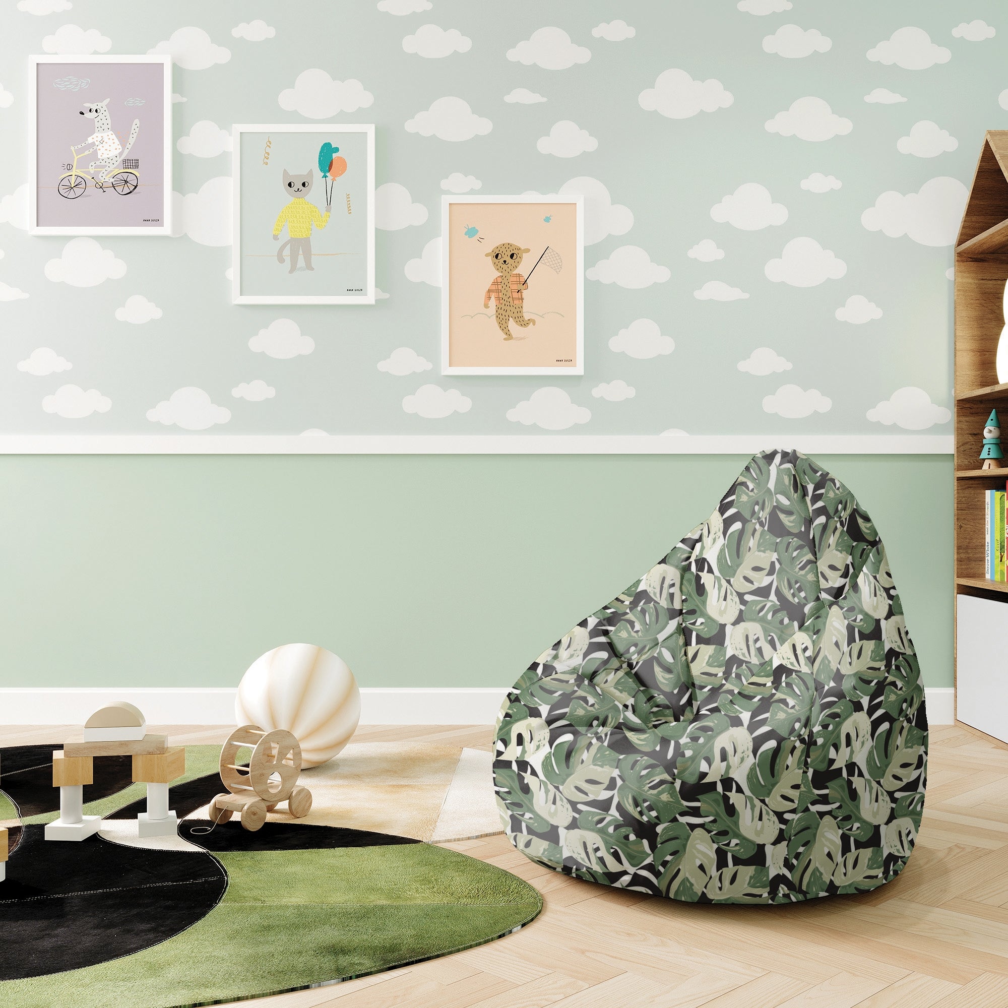 Sedací vak Pearshape Zeleno-Čierna Monstera-S-Velvet