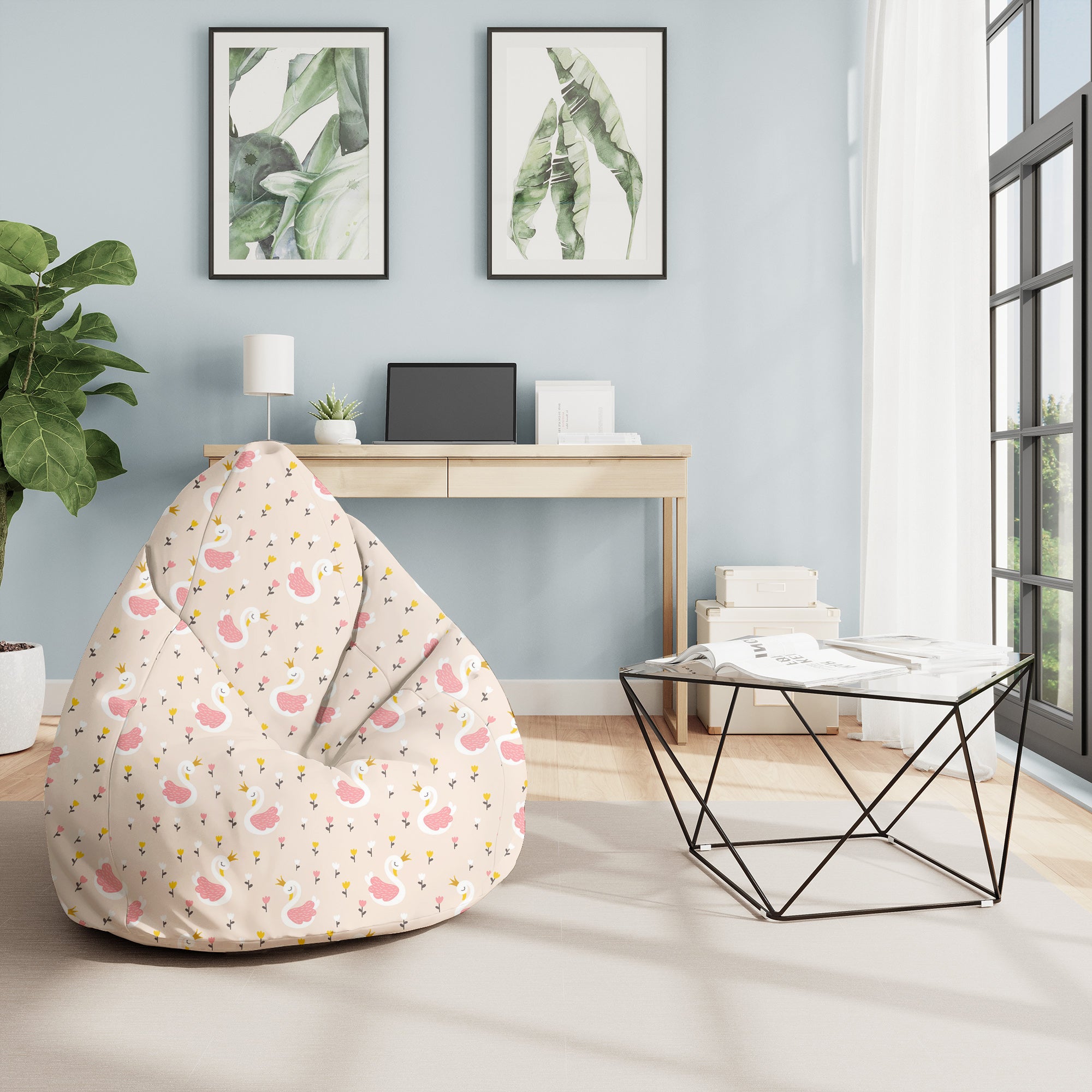 Pearshape Swan with Tulip Flowers Pouf-M-Velvet