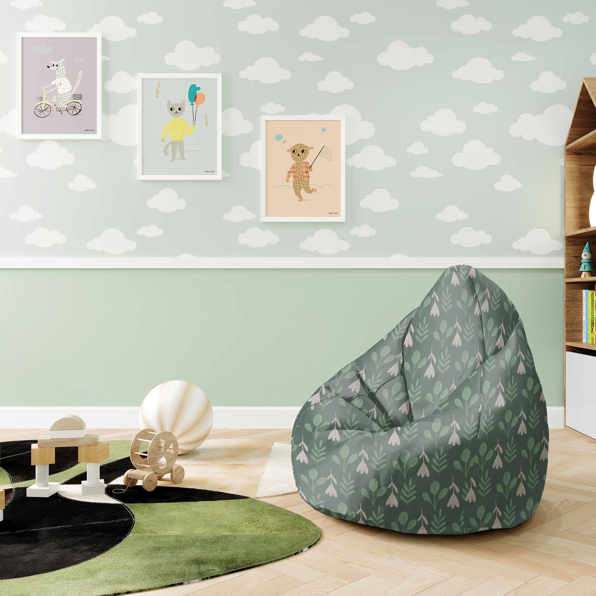 Puf Pearshape Folk Flowers on Green