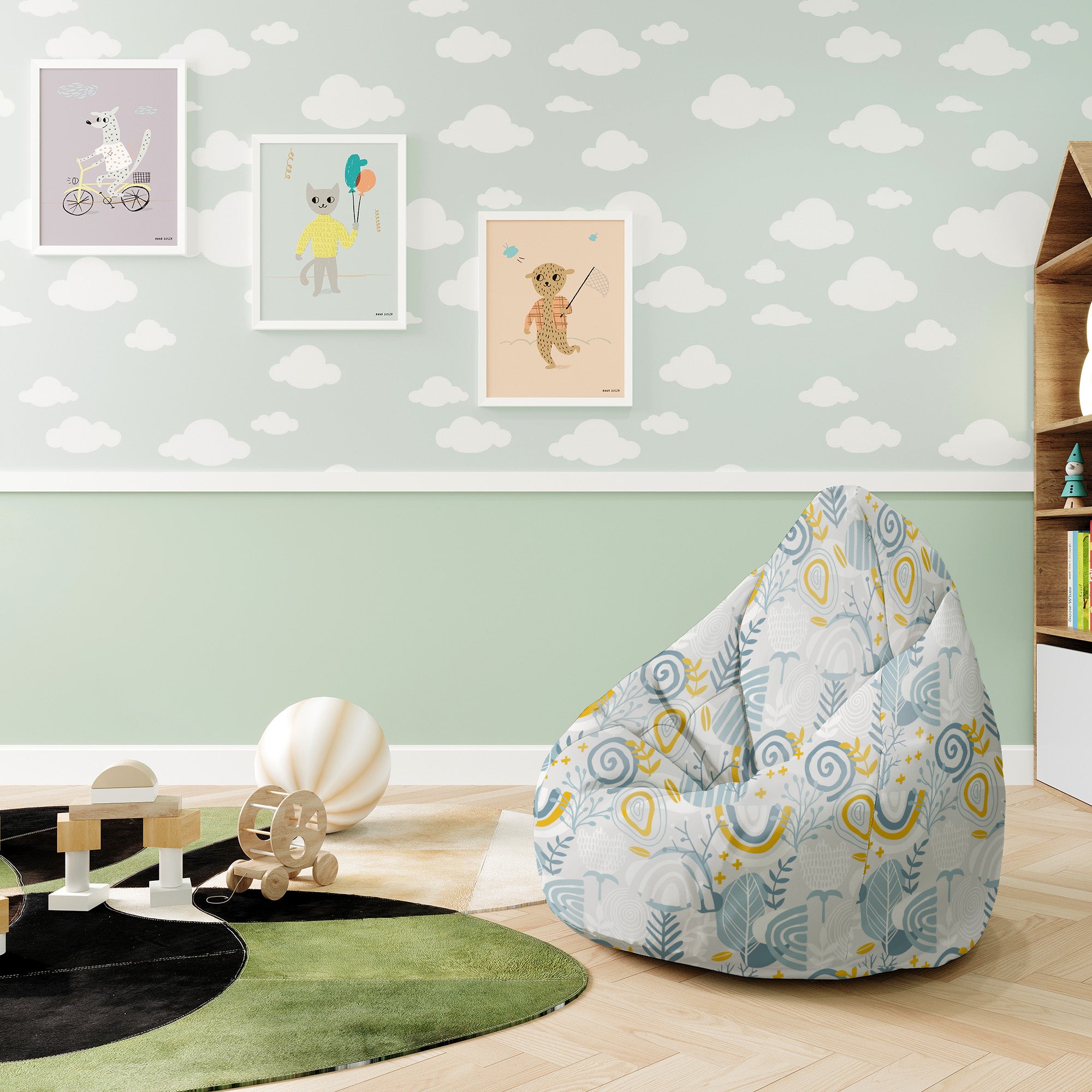 Sedací vak Pearshape Šedý kvetinový vzor-S-Velvet