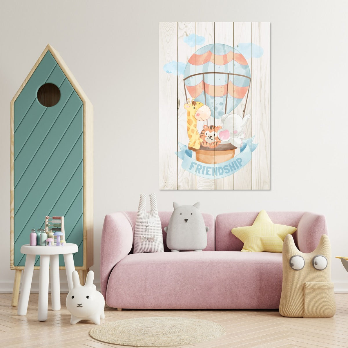 Obraz Wood Zvierací Priatelia v Balóne-60x90 cm
