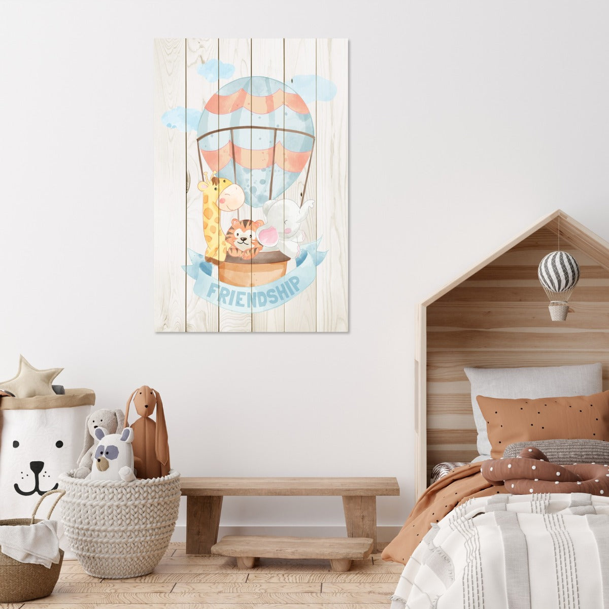 Obraz Wood Zvierací Priatelia v Balóne-60x90 cm