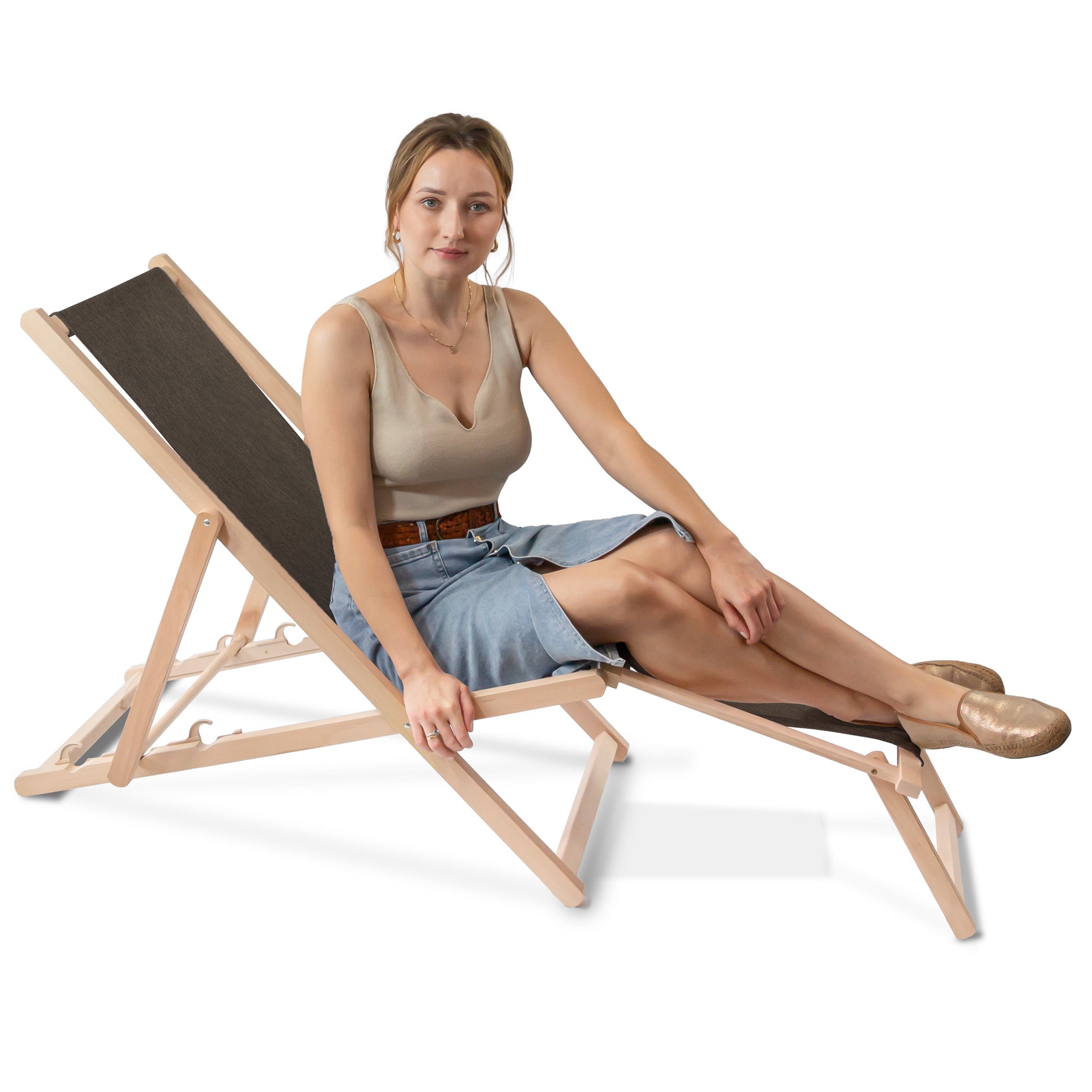 Wooden Deck Chair with Footrest Denim Imitation Chocolate Truffle