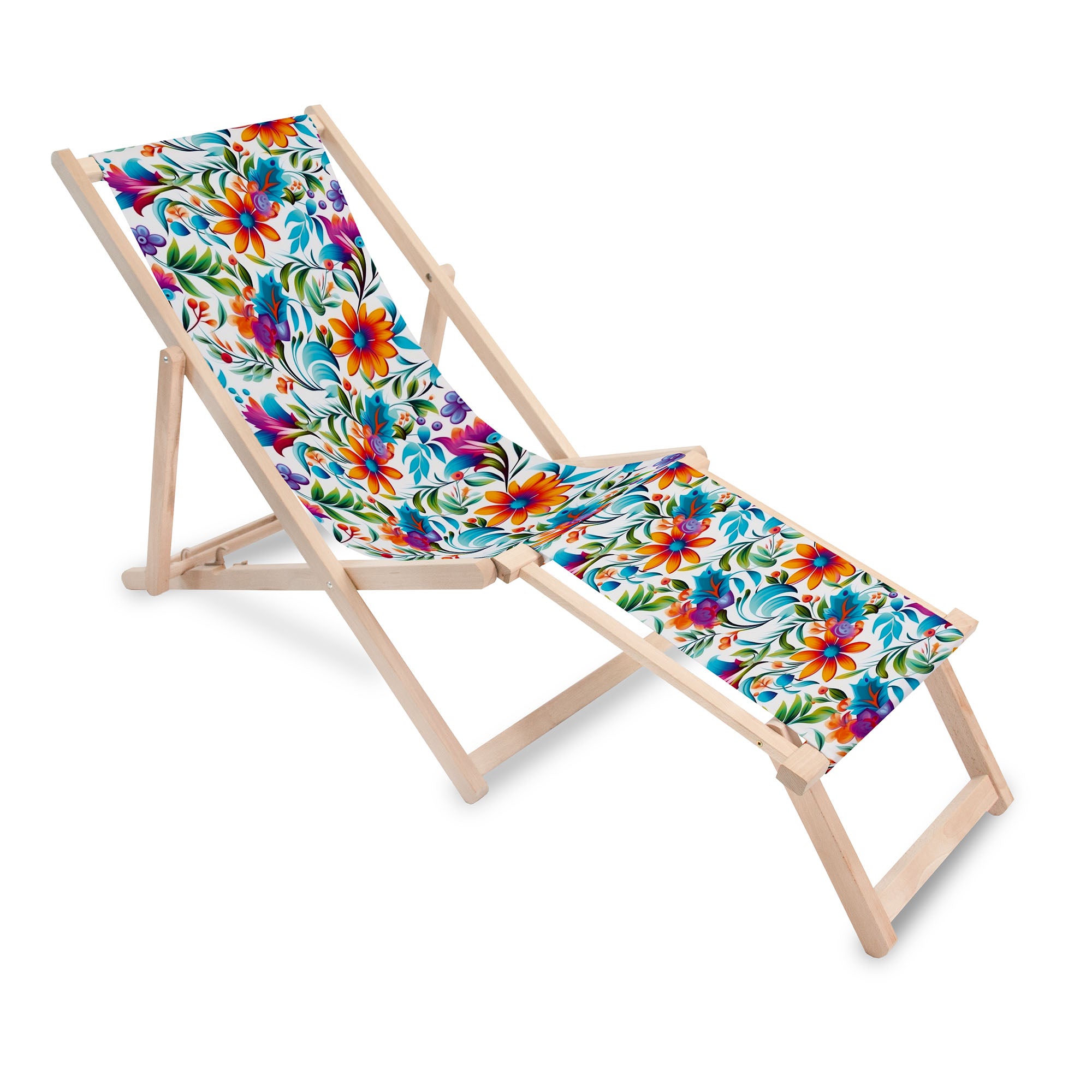 Wooden Deck Chair with Footrest Colorful Floral Pattern