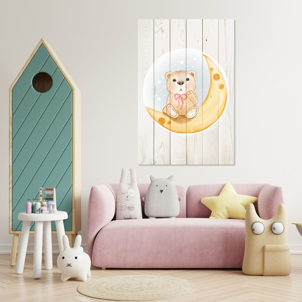 Obraz Wood Roztomilý Medveď sediaci na Mesiaci Akvarel-20x30 cm