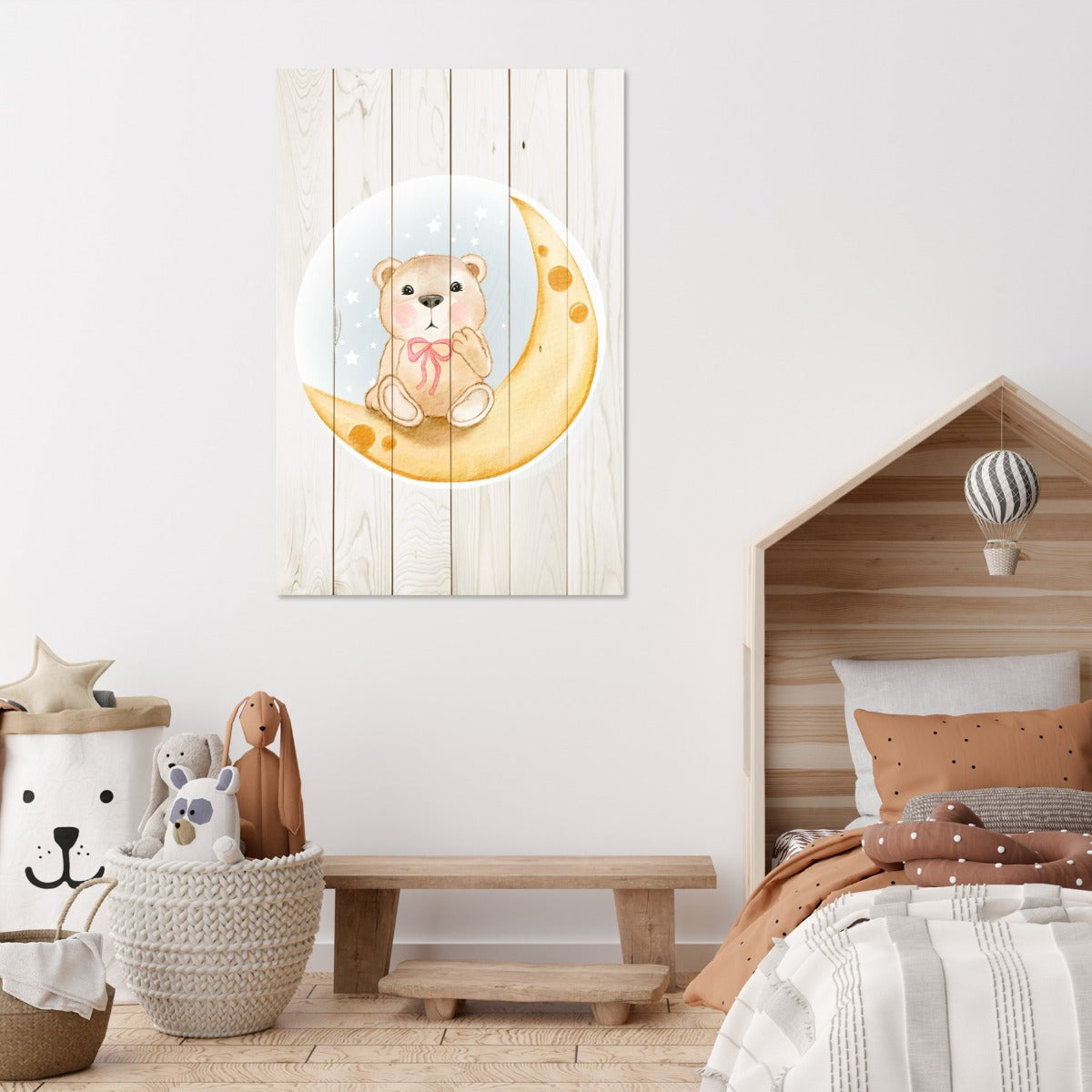 Obraz Wood Roztomilý Medveď sediaci na Mesiaci Akvarel-30x40 cm