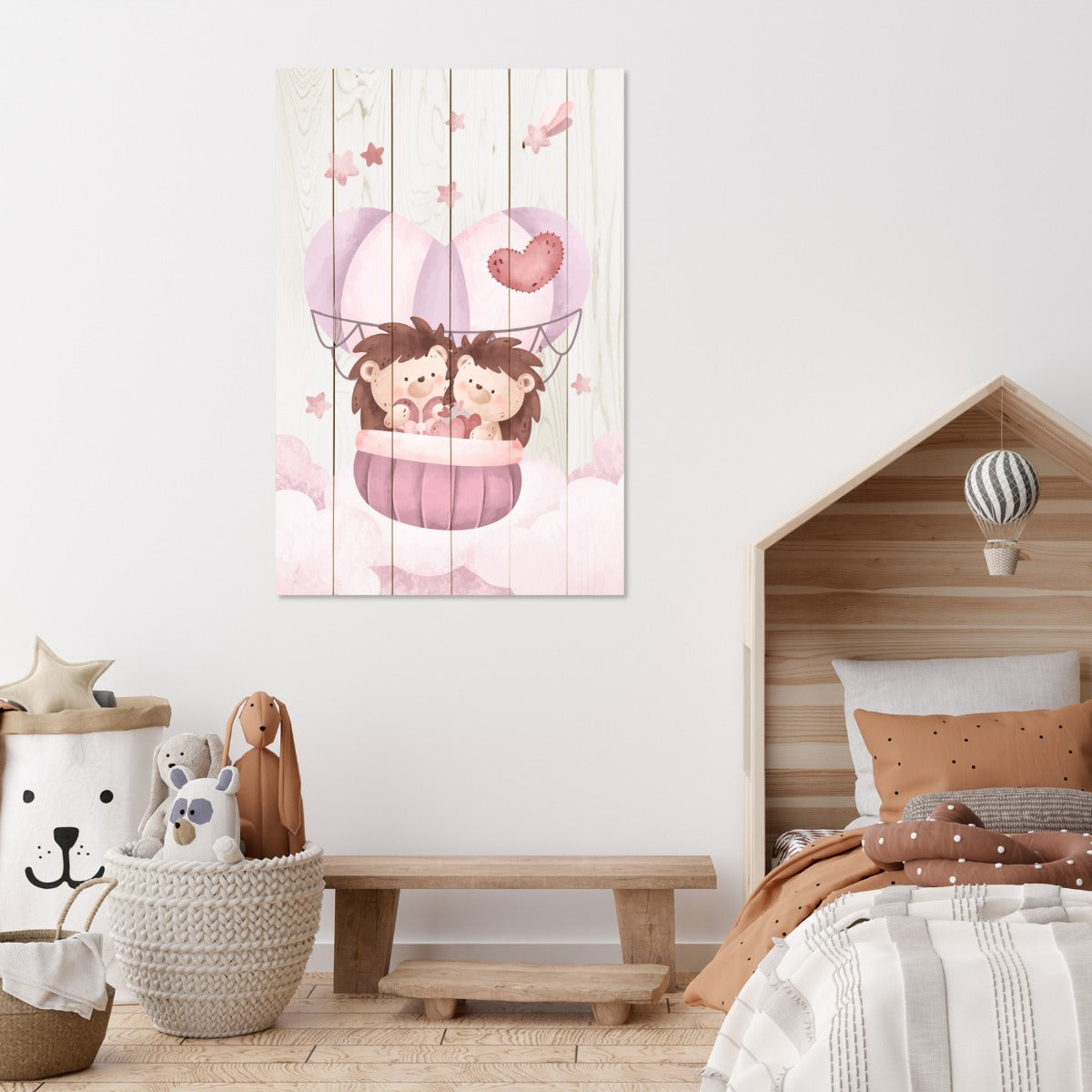 Wood Picture Cute Hedgehogs in the Clouds