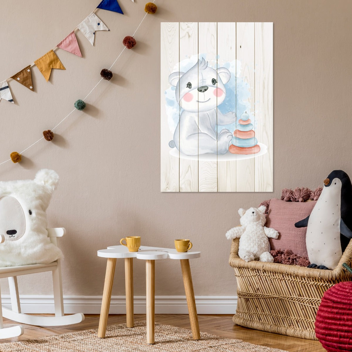 Bild Holz Niedlicher Koala spielt mit Spielzeug-20x30 cm